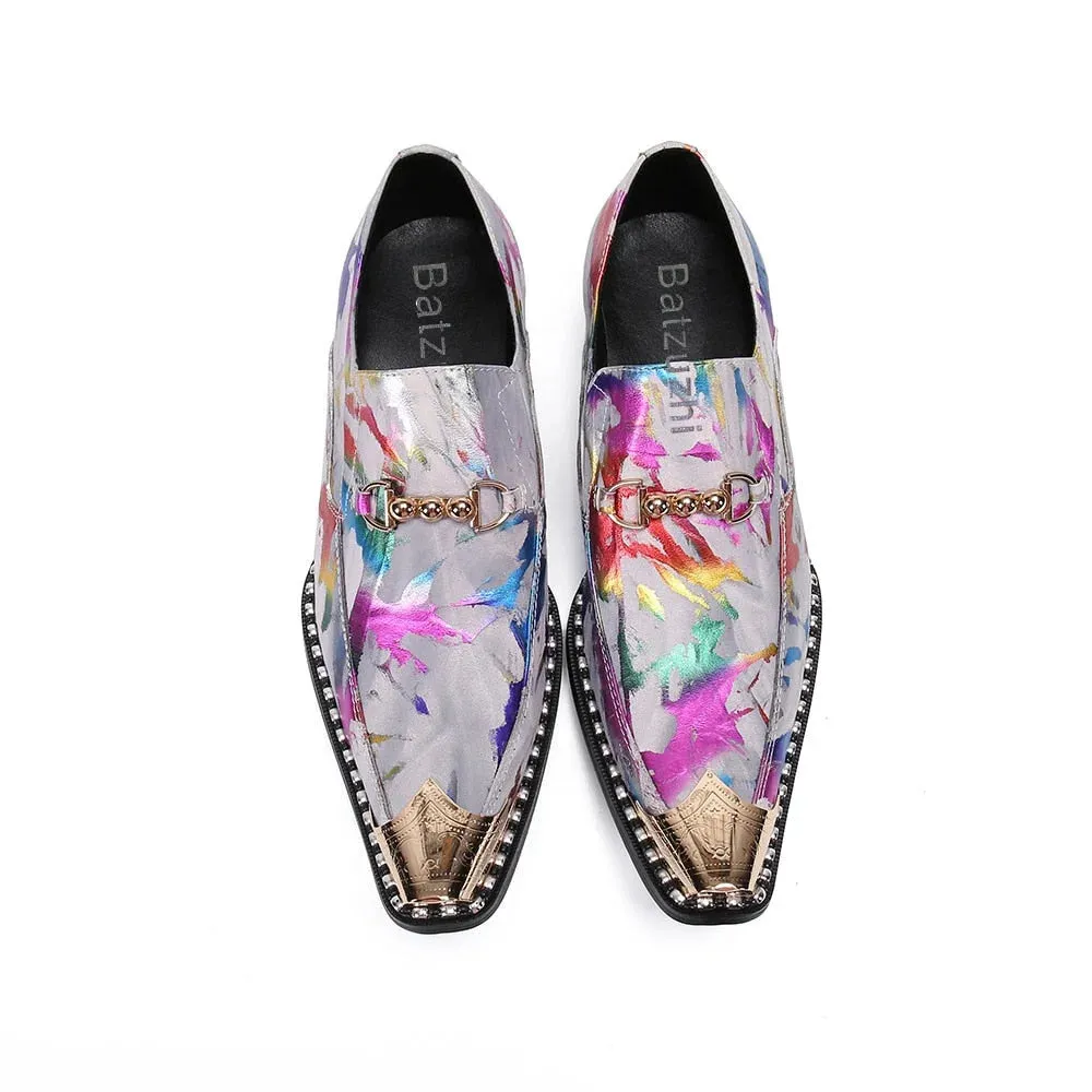 Men's Handmade Leather Metal Toe Printed Business Party Dress Shoes