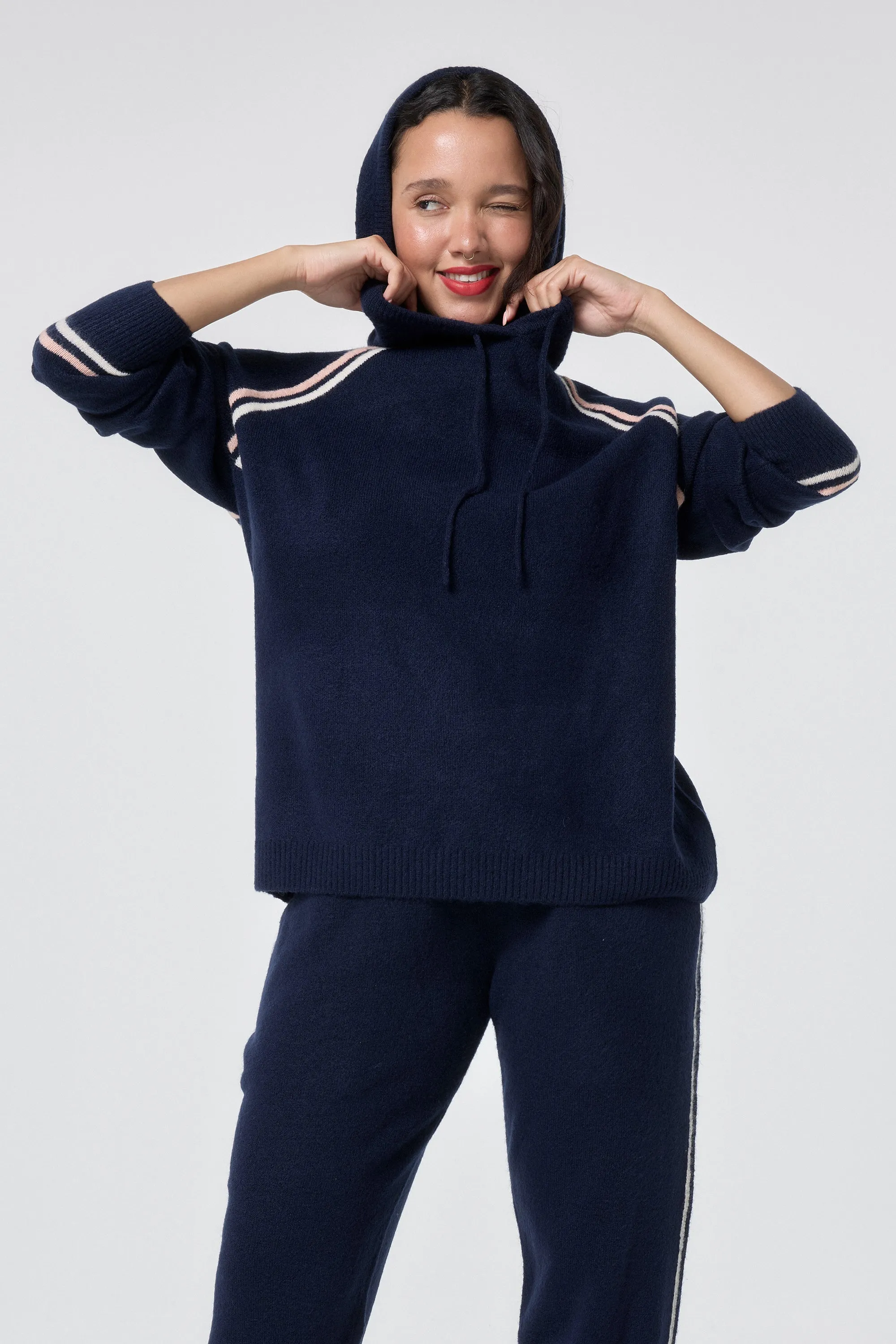 Navy with Ivory and Peach Stripe Knitted Lounge Wear Hoodie