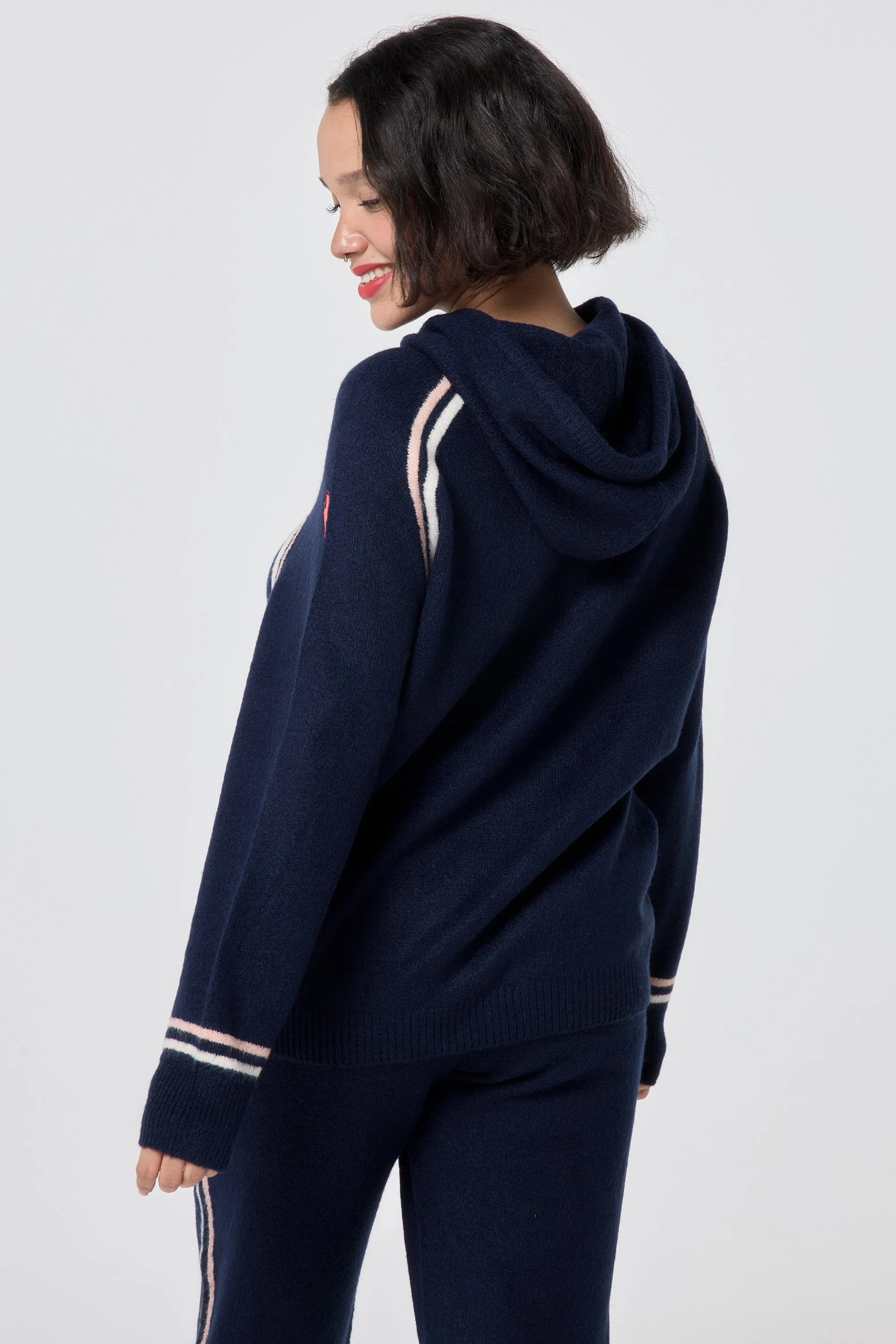 Navy with Ivory and Peach Stripe Knitted Lounge Wear Hoodie