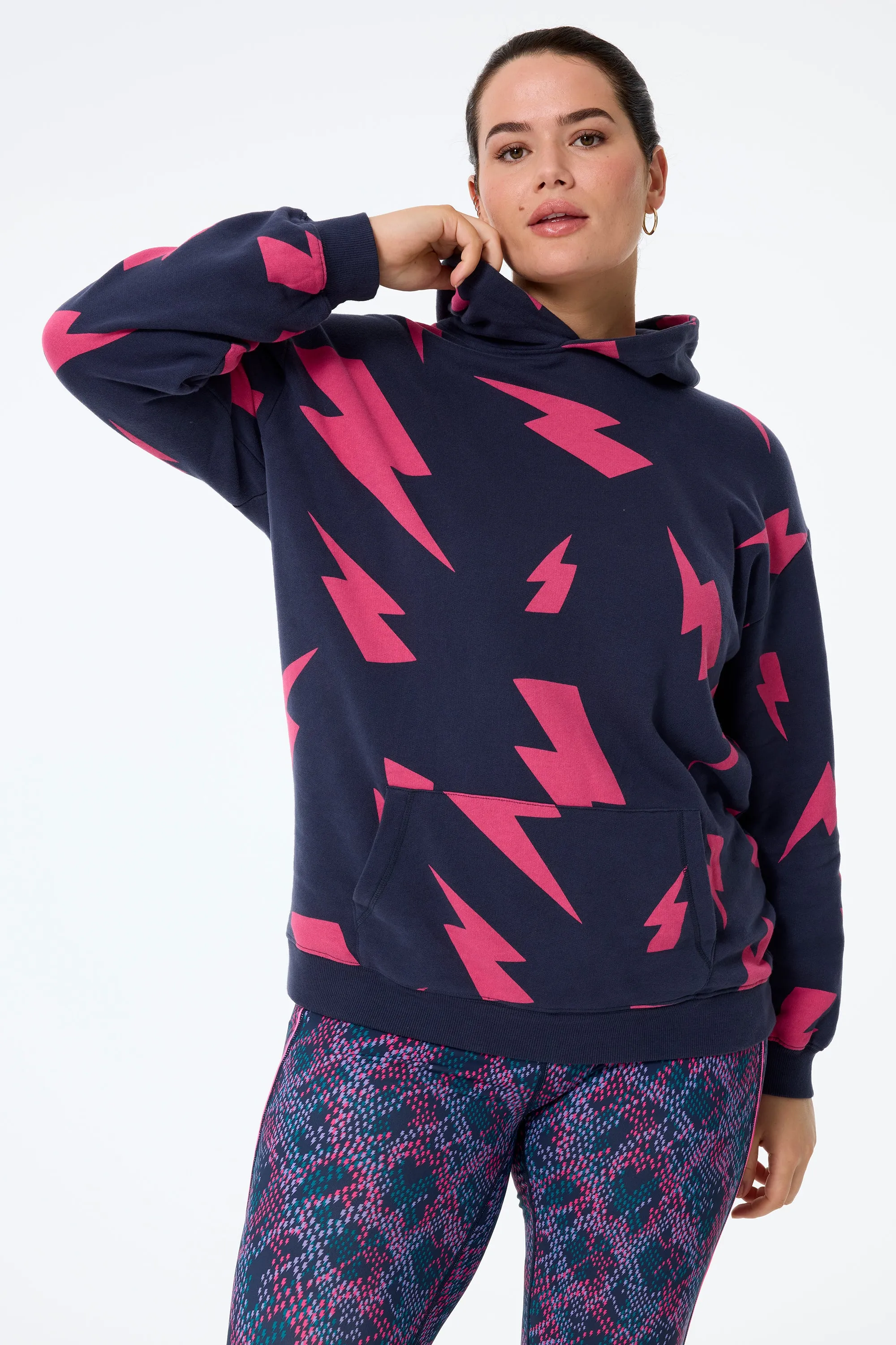 Navy with Pink Mega Lightning Bolt Longline Hoodie