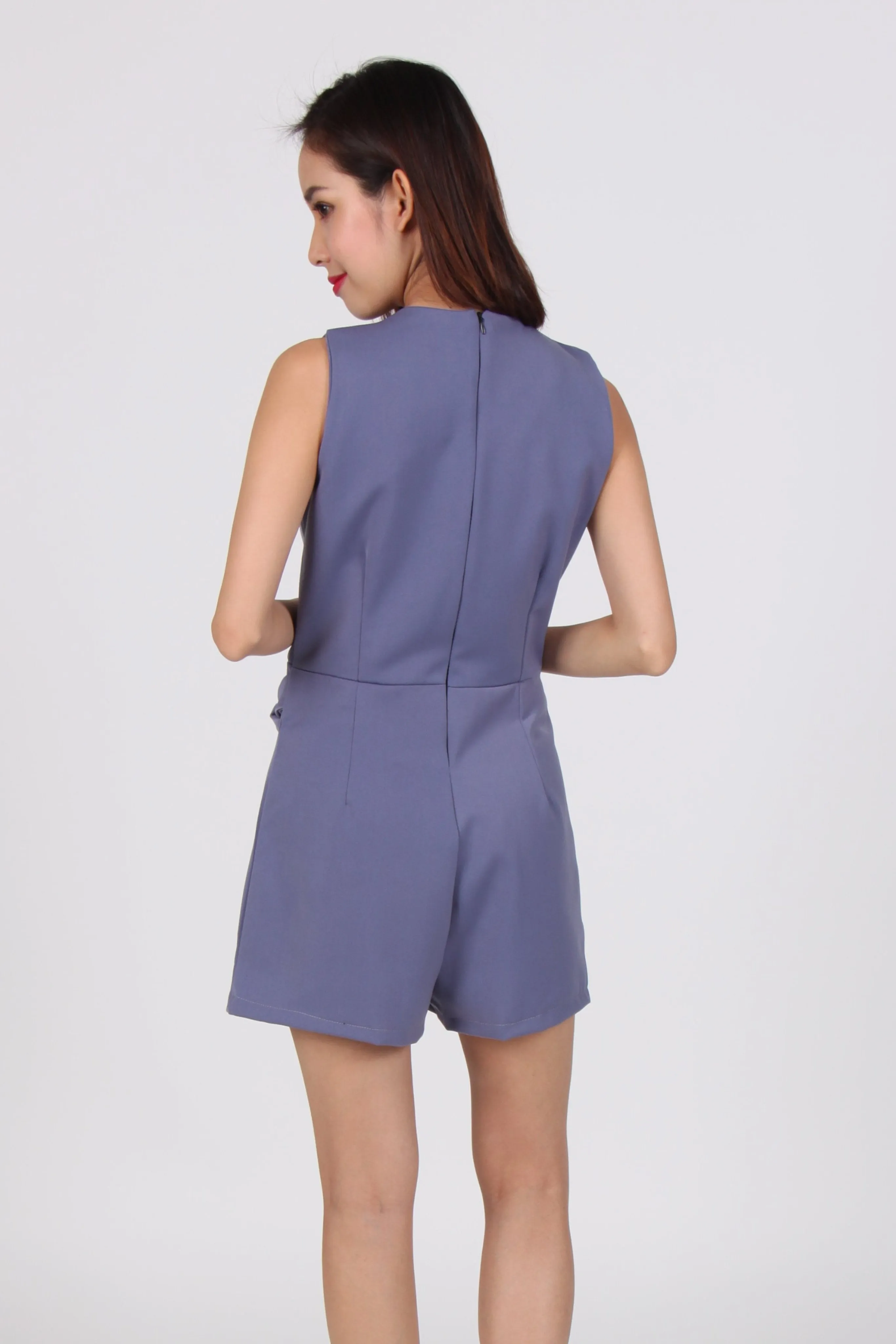 O Ring Overlap V Neck Sleeveless Romper in Blue-Grey