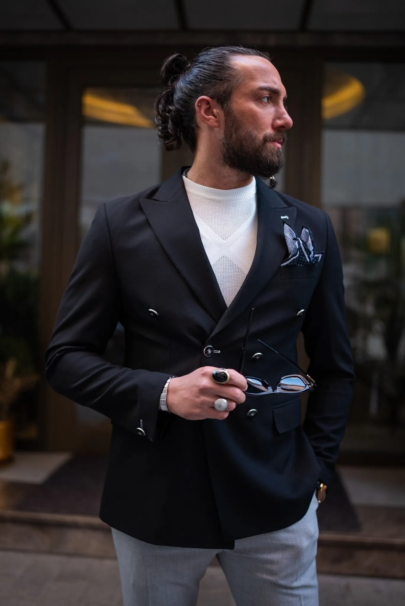 Obsidian Elegance Double-Breasted Blazer