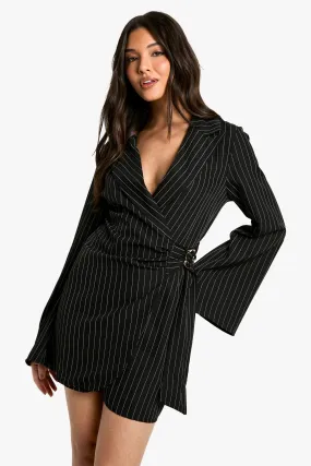 Pinstripe Buckle Detail Tie Waist Tailored Blazer Dress