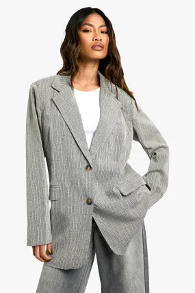 Premium Textured Pinstripe Longline Relaxed Fit Blazer