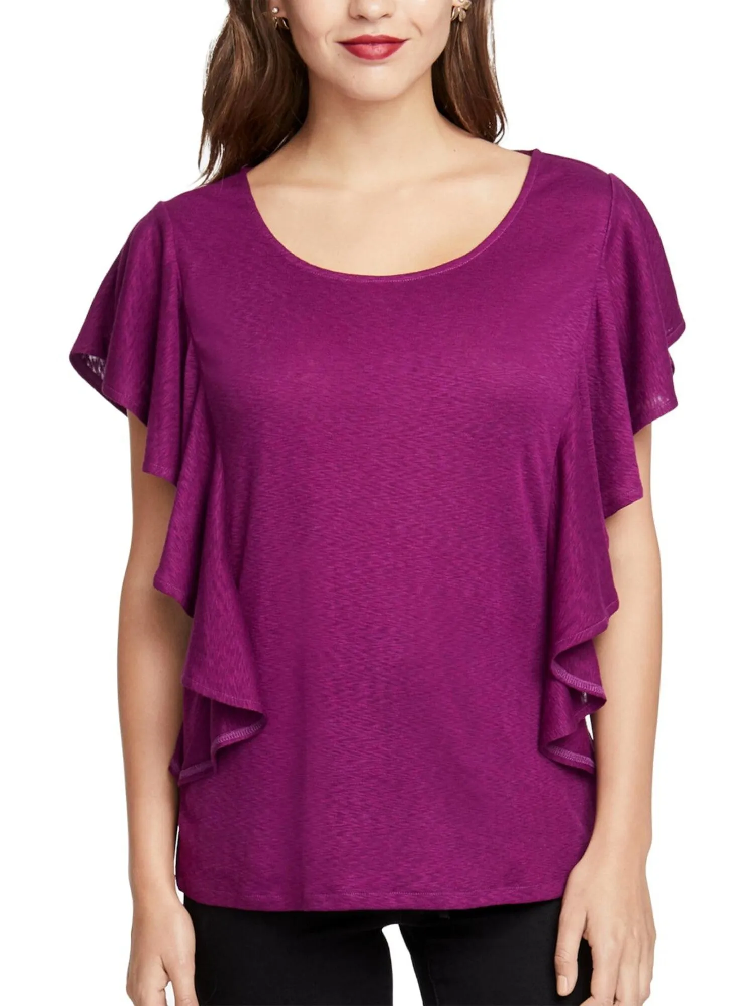 RACHEL ROY Womens Pink Ruffled Short Sleeve Jewel Neck Top