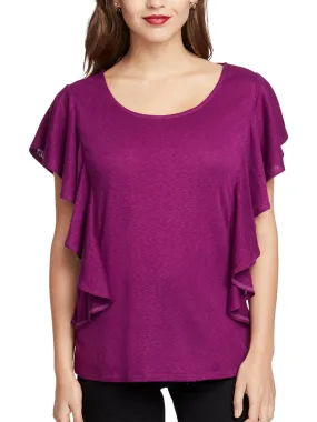 RACHEL ROY Womens Pink Ruffled Short Sleeve Jewel Neck Top