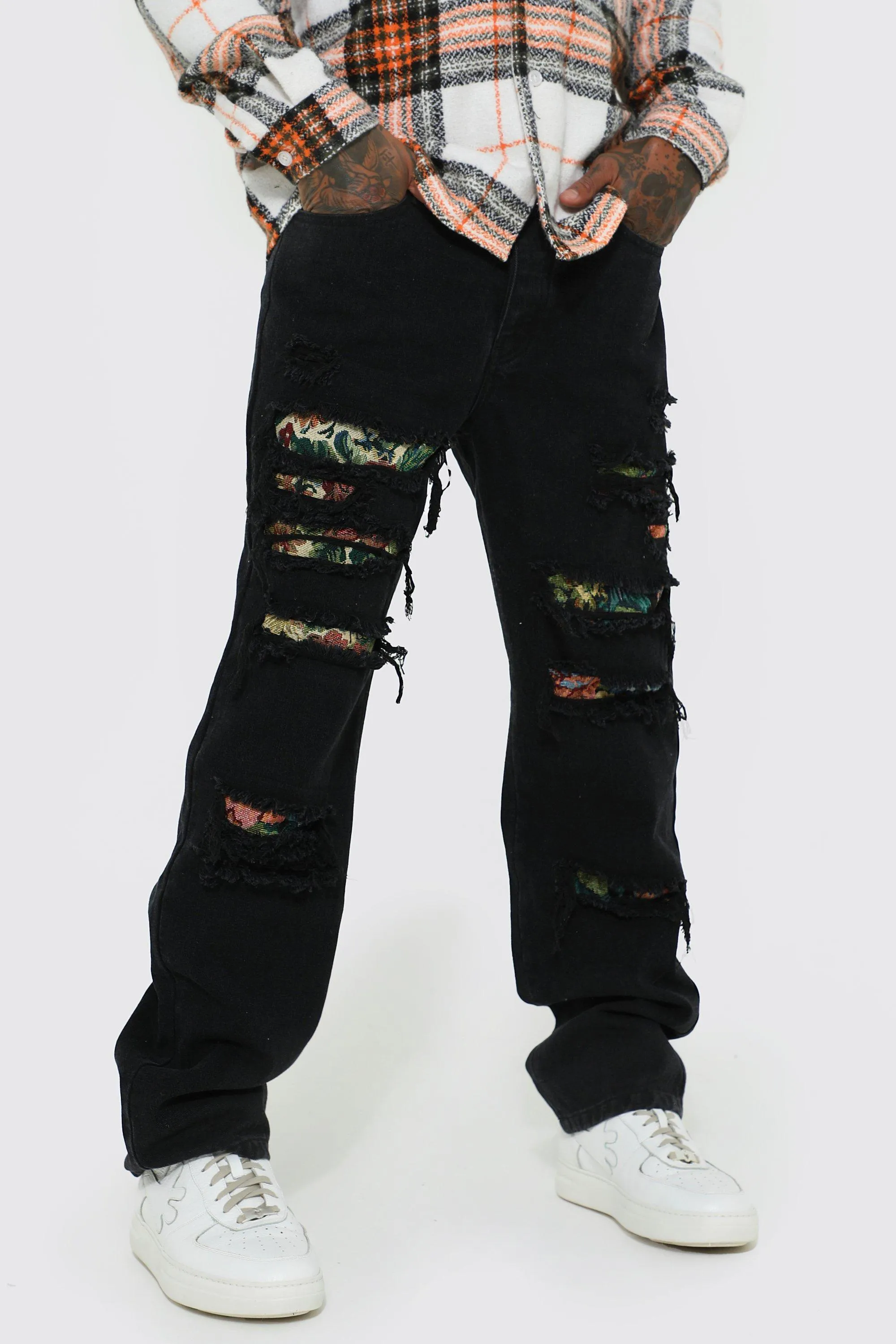 Relaxed Fit Tapestry Rip & Repair Jeans