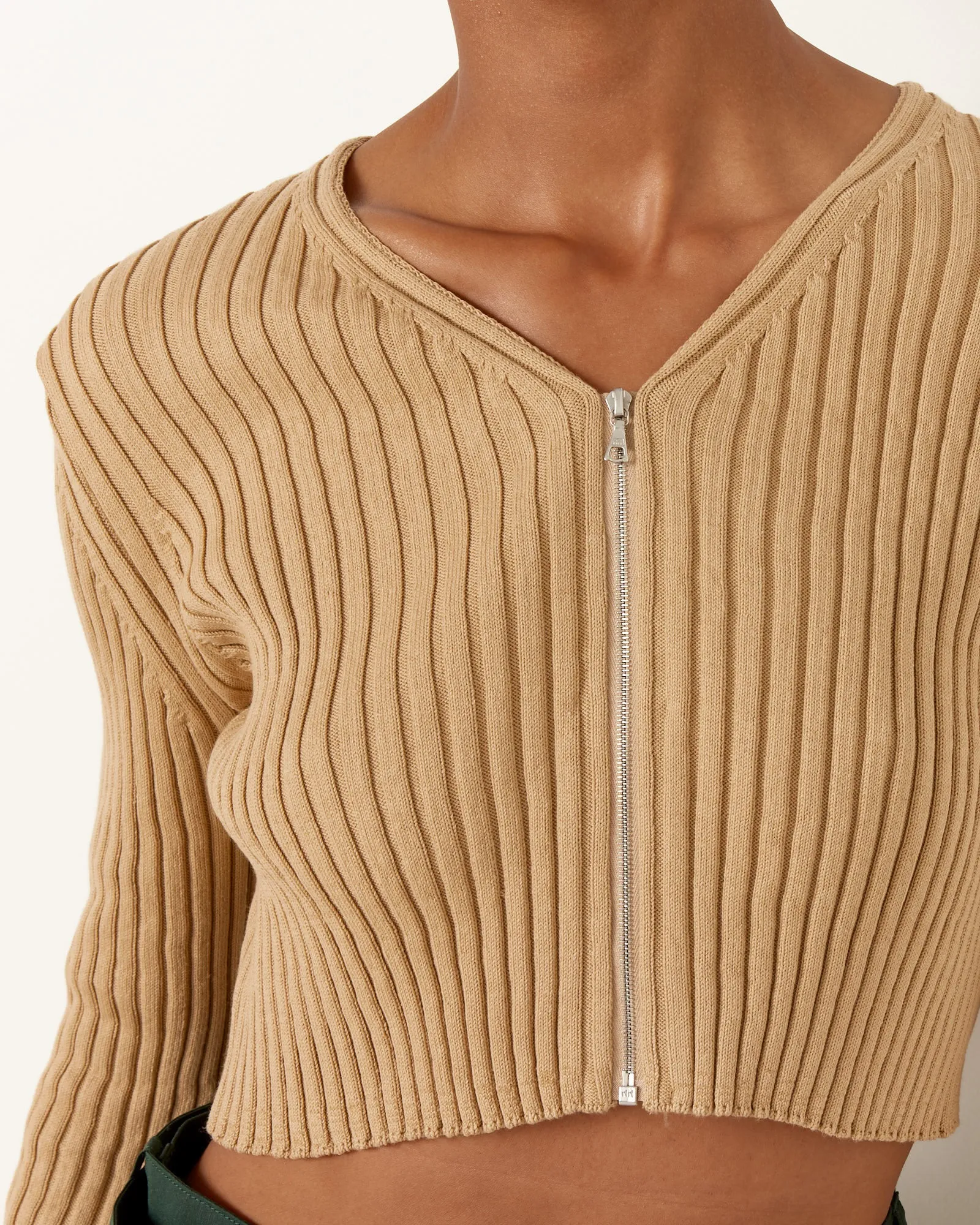 Rib Knit Zip Cardigan in Beige