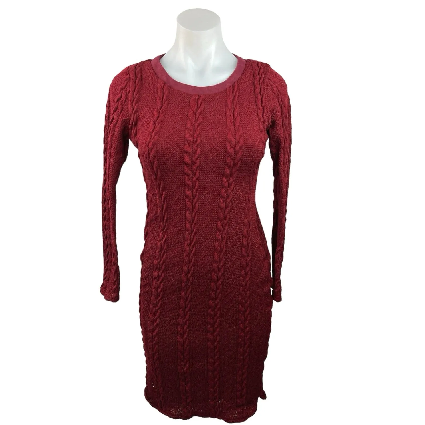 Roolee Women's Red Crew Neck Long Sleeve Cable Knit Pullover Sweater Dress XXS