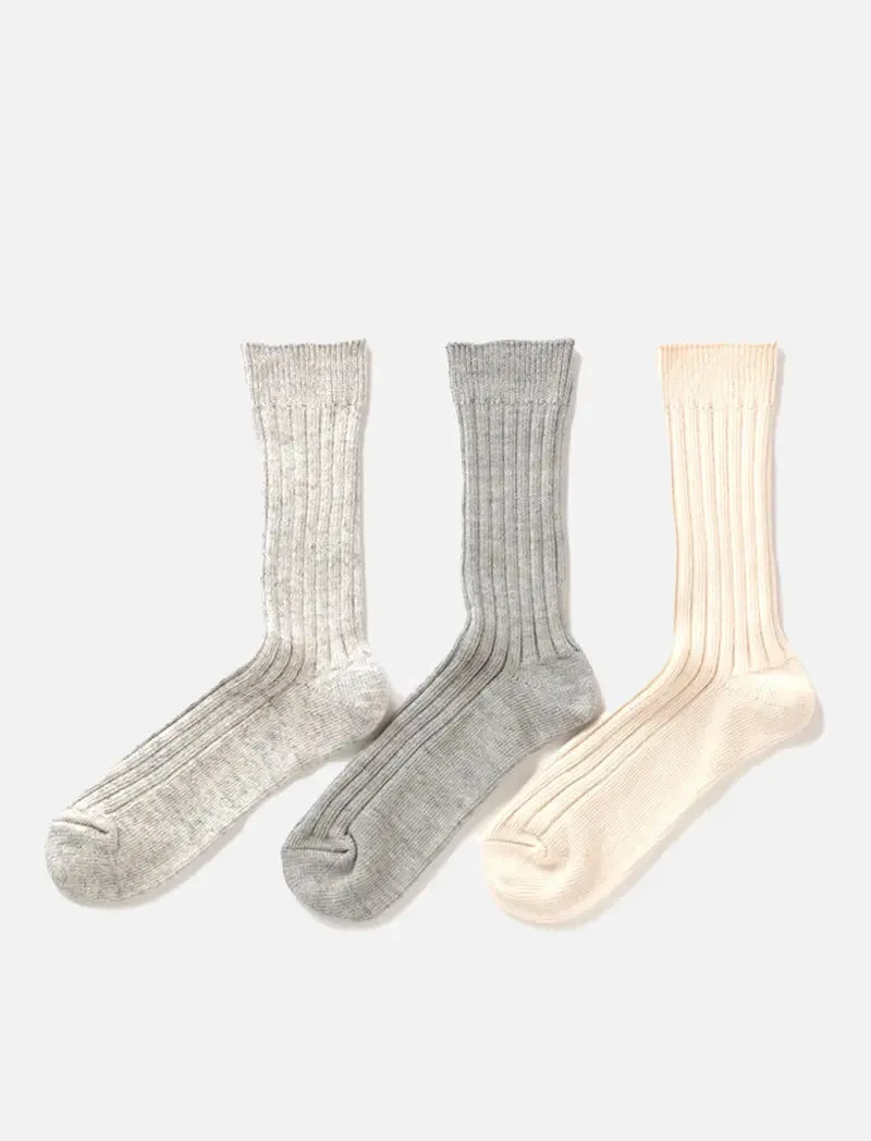 RoToTo Organic Daily 3 Pack Ribbed Crew Socks Ecru / Gray