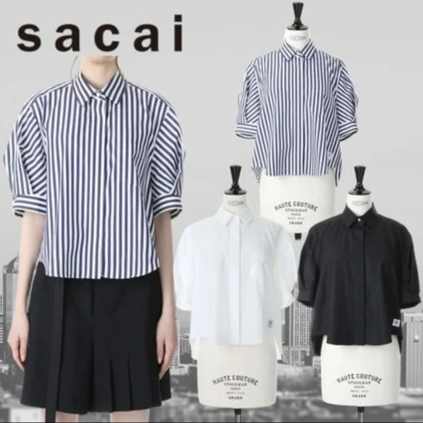 sacai  |Stripes Casual Style Plain Cotton Short Sleeves