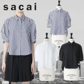 sacai  |Stripes Casual Style Plain Cotton Short Sleeves