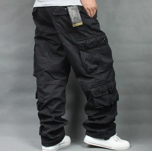 Safari Style Hip Hop Cotton Full Length Loose Cargo Pants for Men