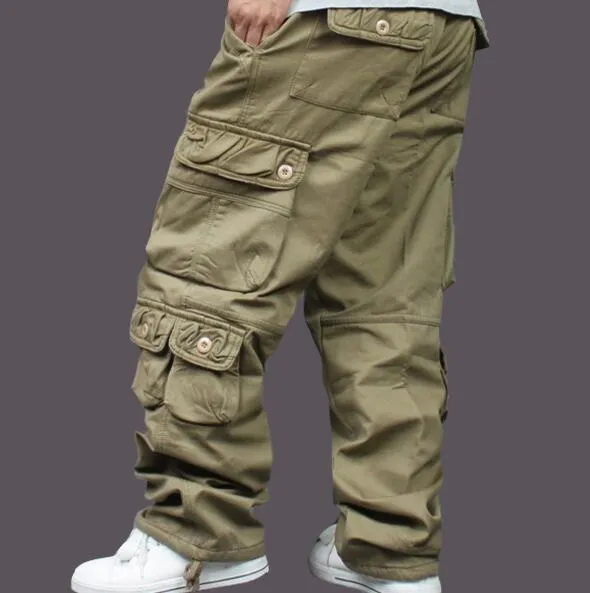 Safari Style Hip Hop Cotton Full Length Loose Cargo Pants for Men