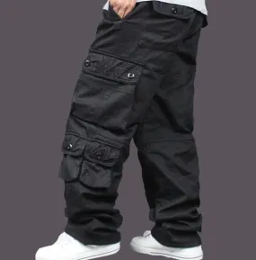 Safari Style Hip Hop Cotton Full Length Loose Cargo Pants for Men