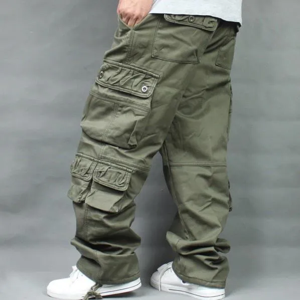 Safari Style Hip Hop Cotton Full Length Loose Cargo Pants for Men