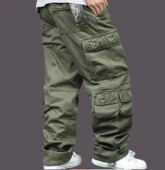 Safari Style Hip Hop Cotton Full Length Loose Cargo Pants for Men