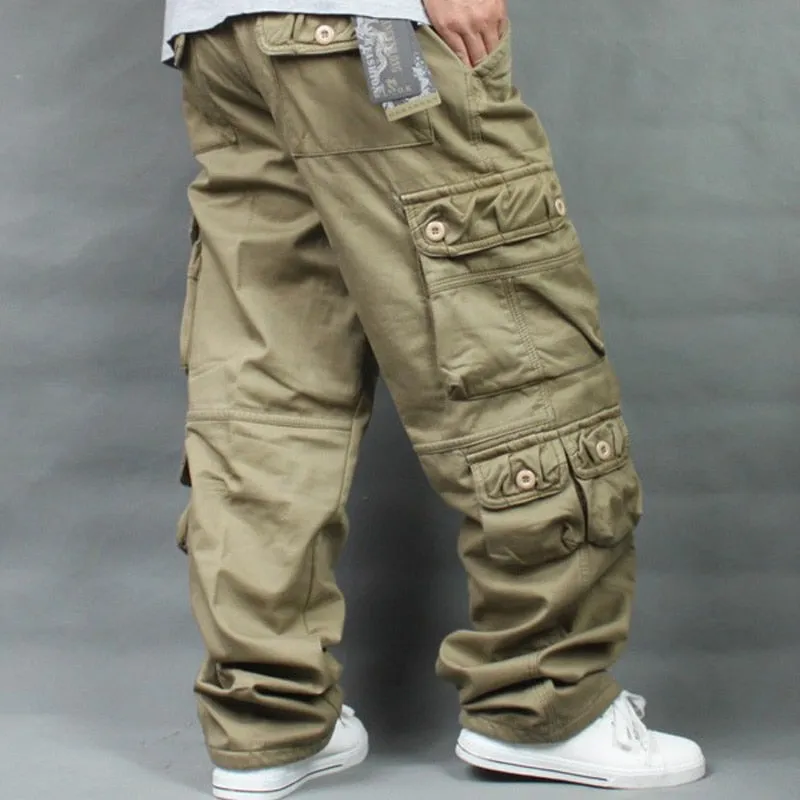 Safari Style Hip Hop Cotton Full Length Loose Cargo Pants for Men