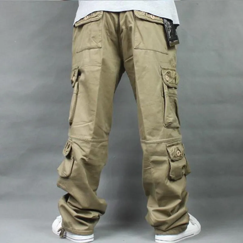 Safari Style Hip Hop Cotton Full Length Loose Cargo Pants for Men