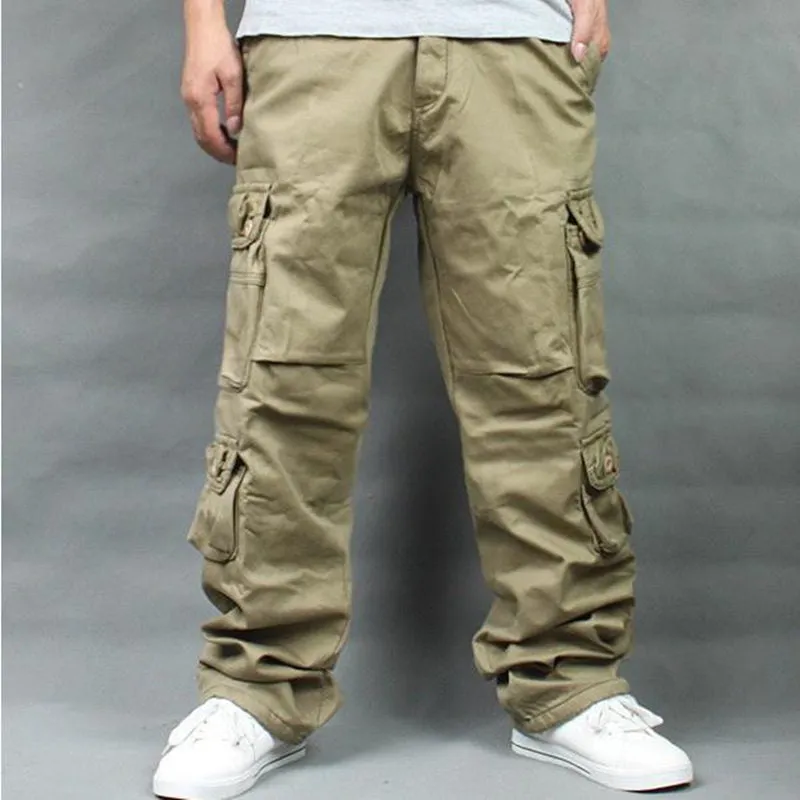 Safari Style Hip Hop Cotton Full Length Loose Cargo Pants for Men