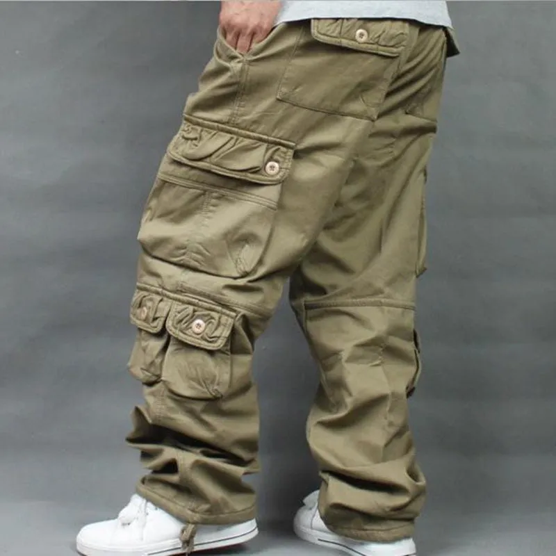 Safari Style Hip Hop Cotton Full Length Loose Cargo Pants for Men