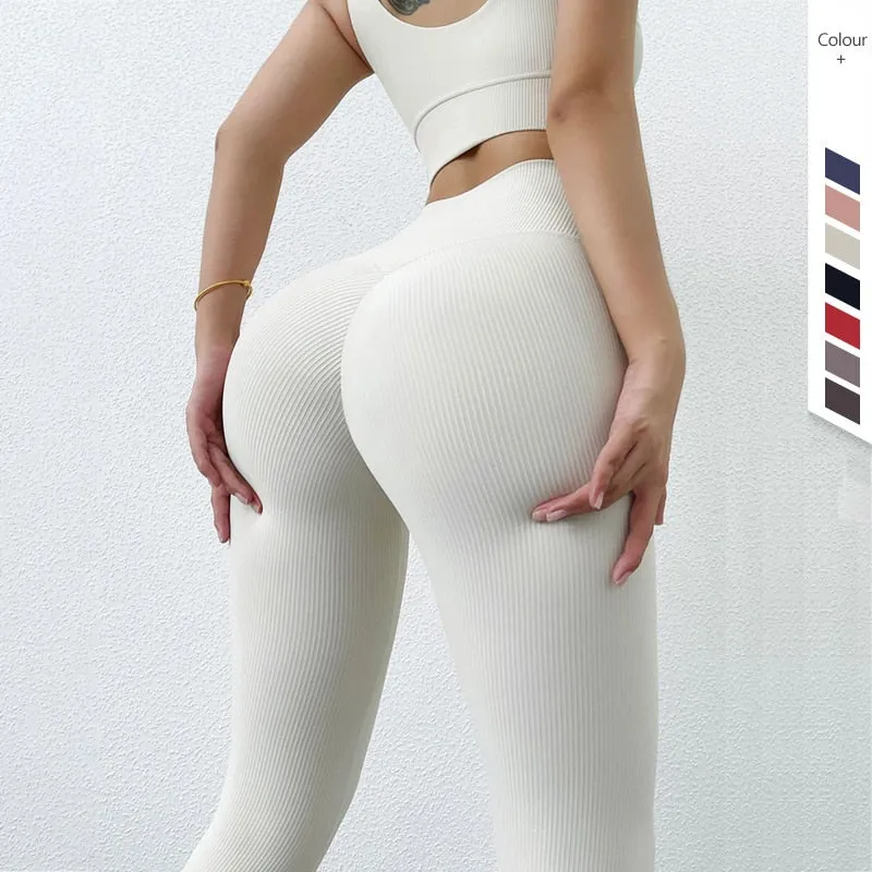 Sexy Women's Seamless High Waist Push-Up Ribbed Fitness Yoga Leggings