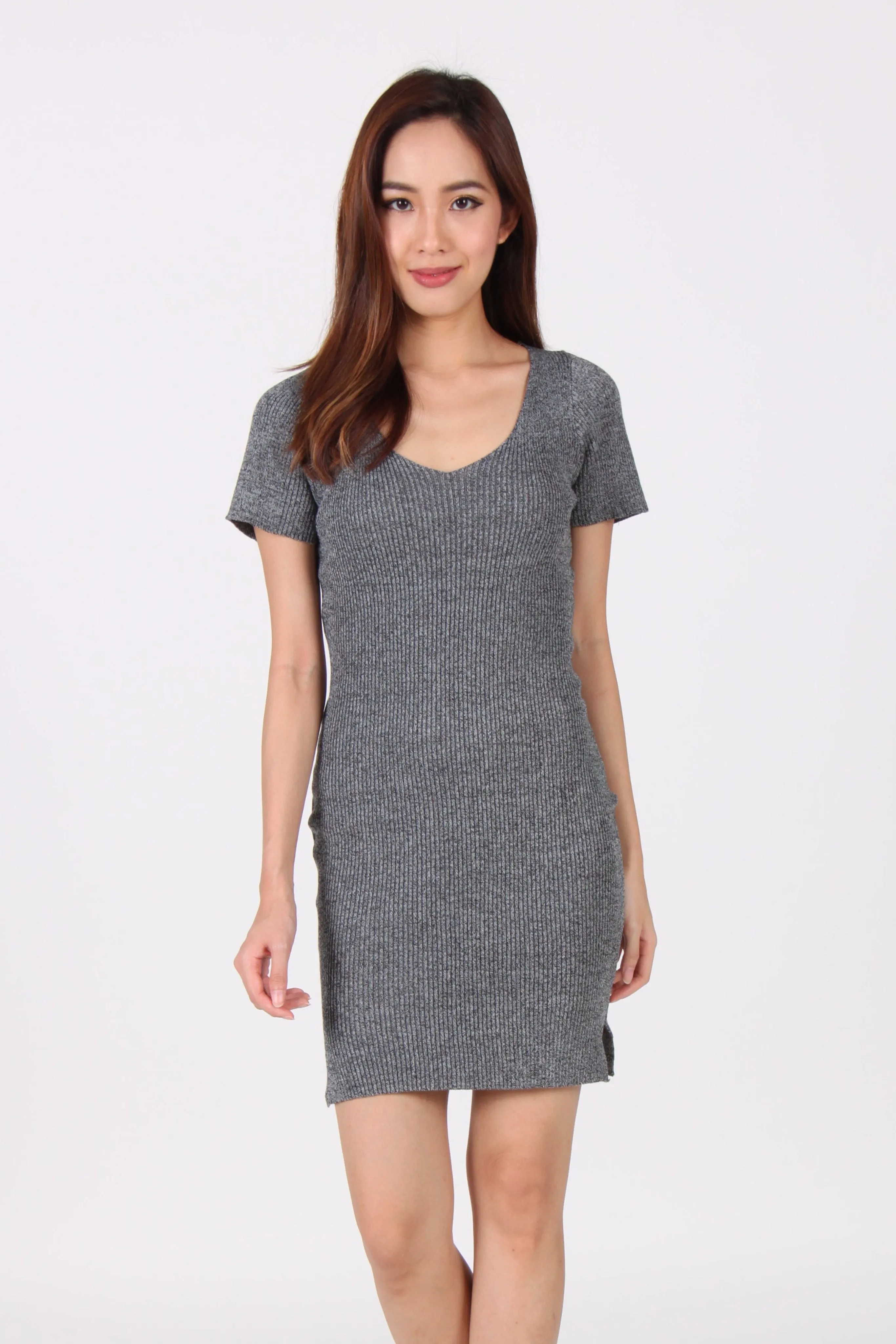 Sleeve V Neck Side Slit Bodycon Dress in Grey