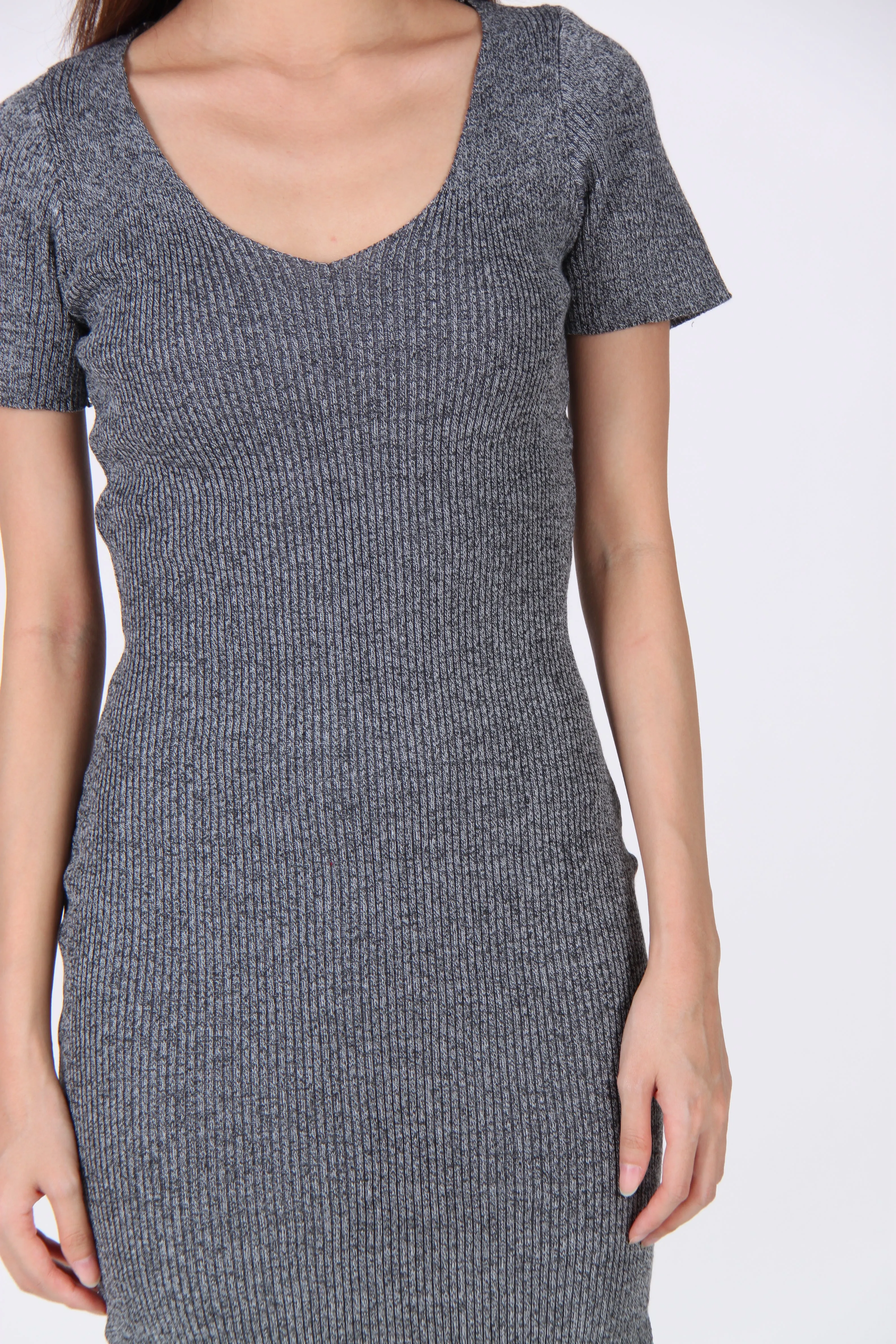 Sleeve V Neck Side Slit Bodycon Dress in Grey