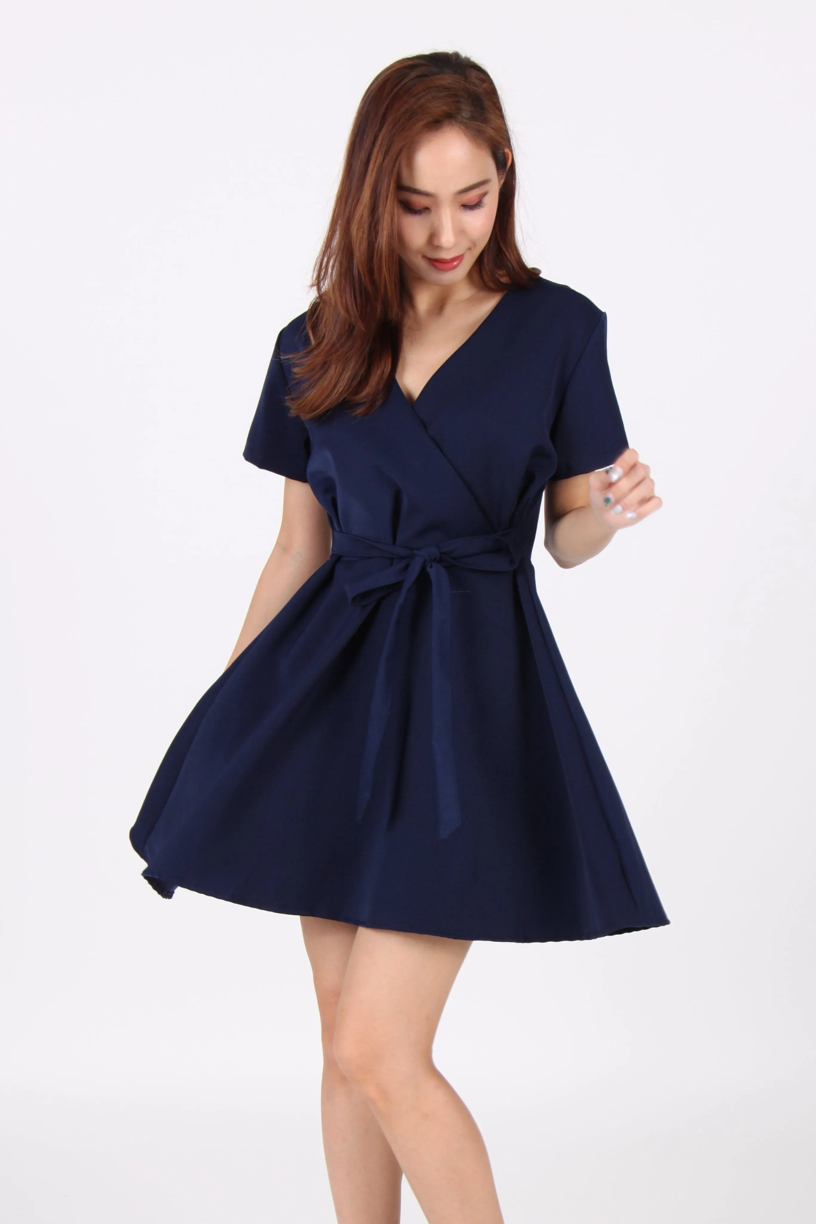 Sleeve Wrap Skater Dress in Navy Blue