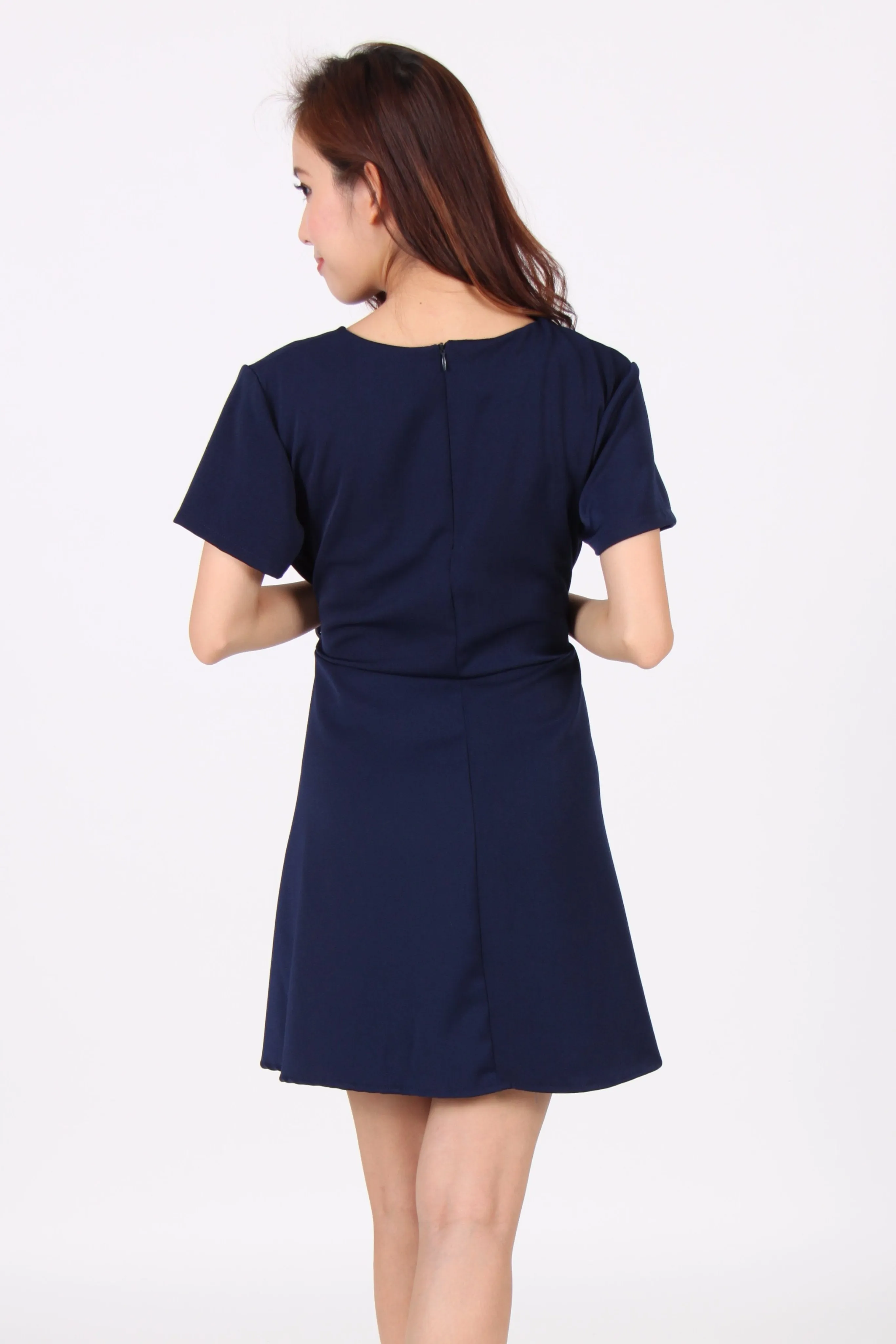 Sleeve Wrap Skater Dress in Navy Blue