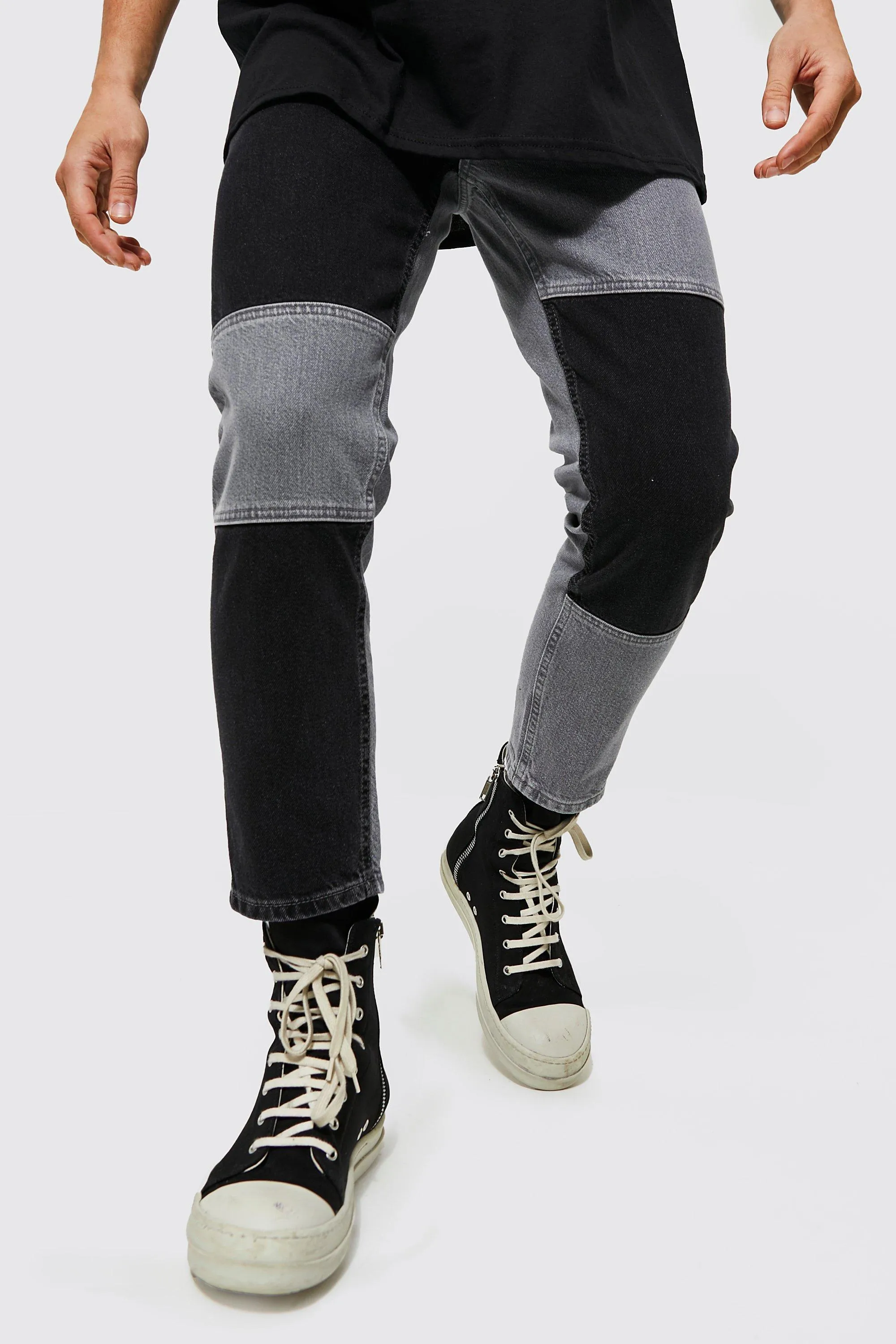 Tapered Fit Rigid Patchwork Jeans | boohooMAN UK