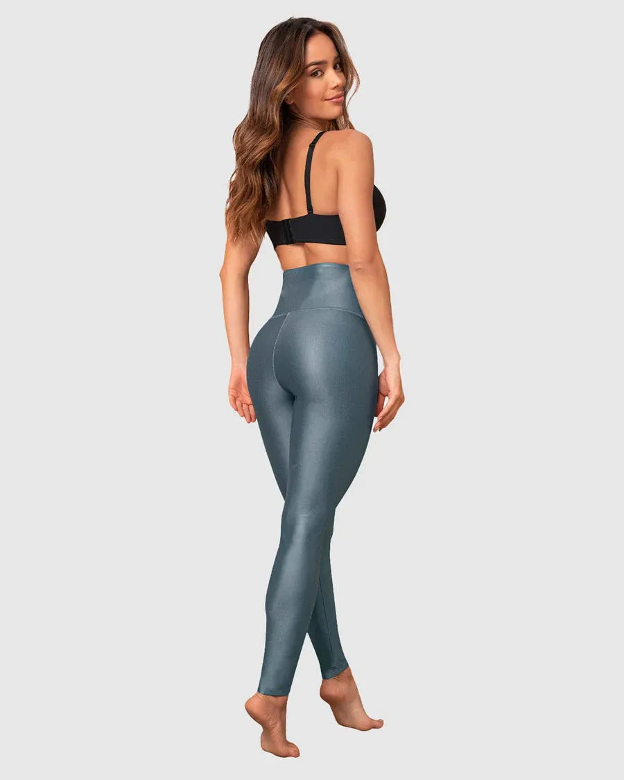 Tummy control leggings with leather imitation finish