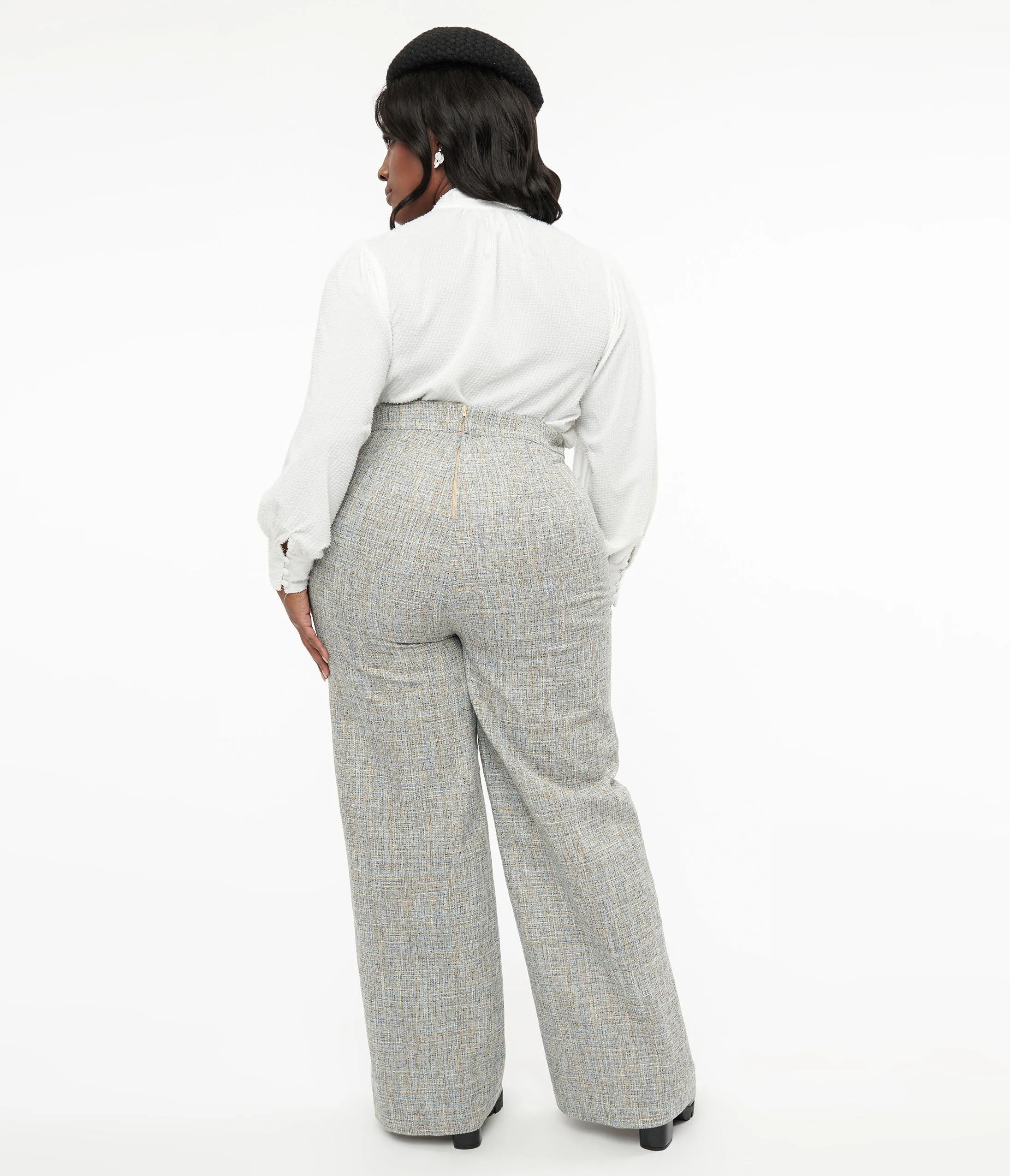 Unique Vintage Plus Size 1940s Beige & Baby Blue Tweed High Waist Pants