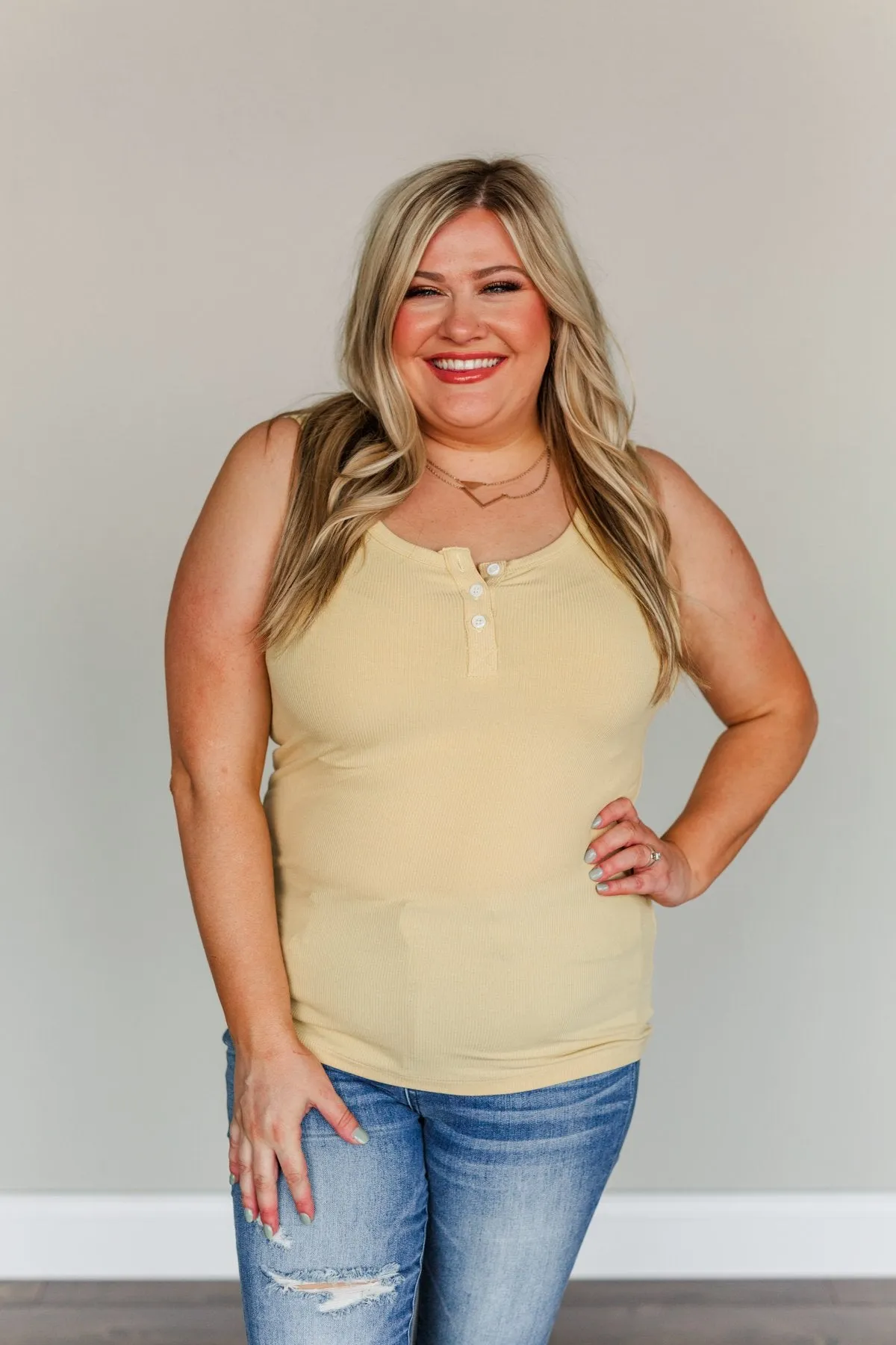 Uplifting Spirits Button Henley Tank Top- Dusty Yellow