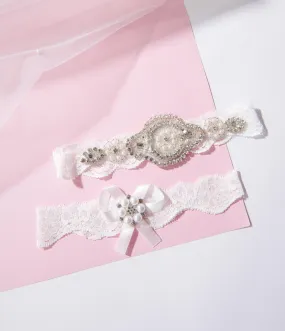 White Lace & Rhinestone Bridal Garter Set