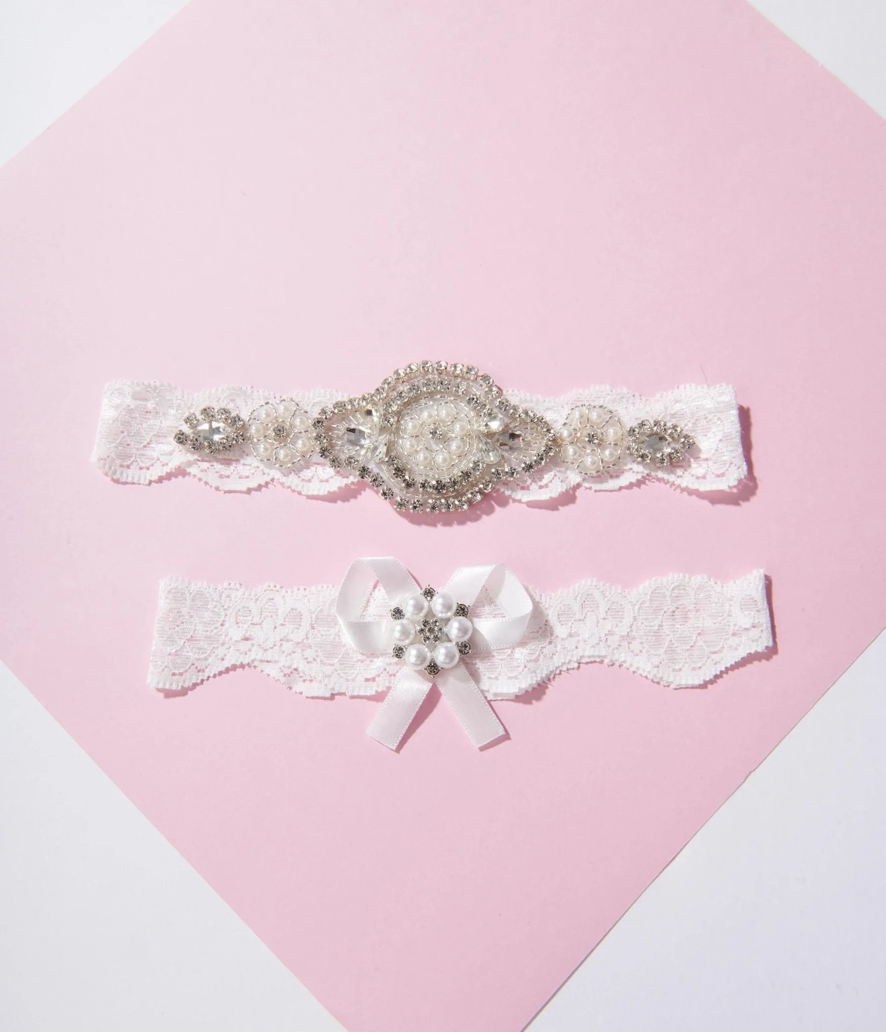 White Lace & Rhinestone Bridal Garter Set