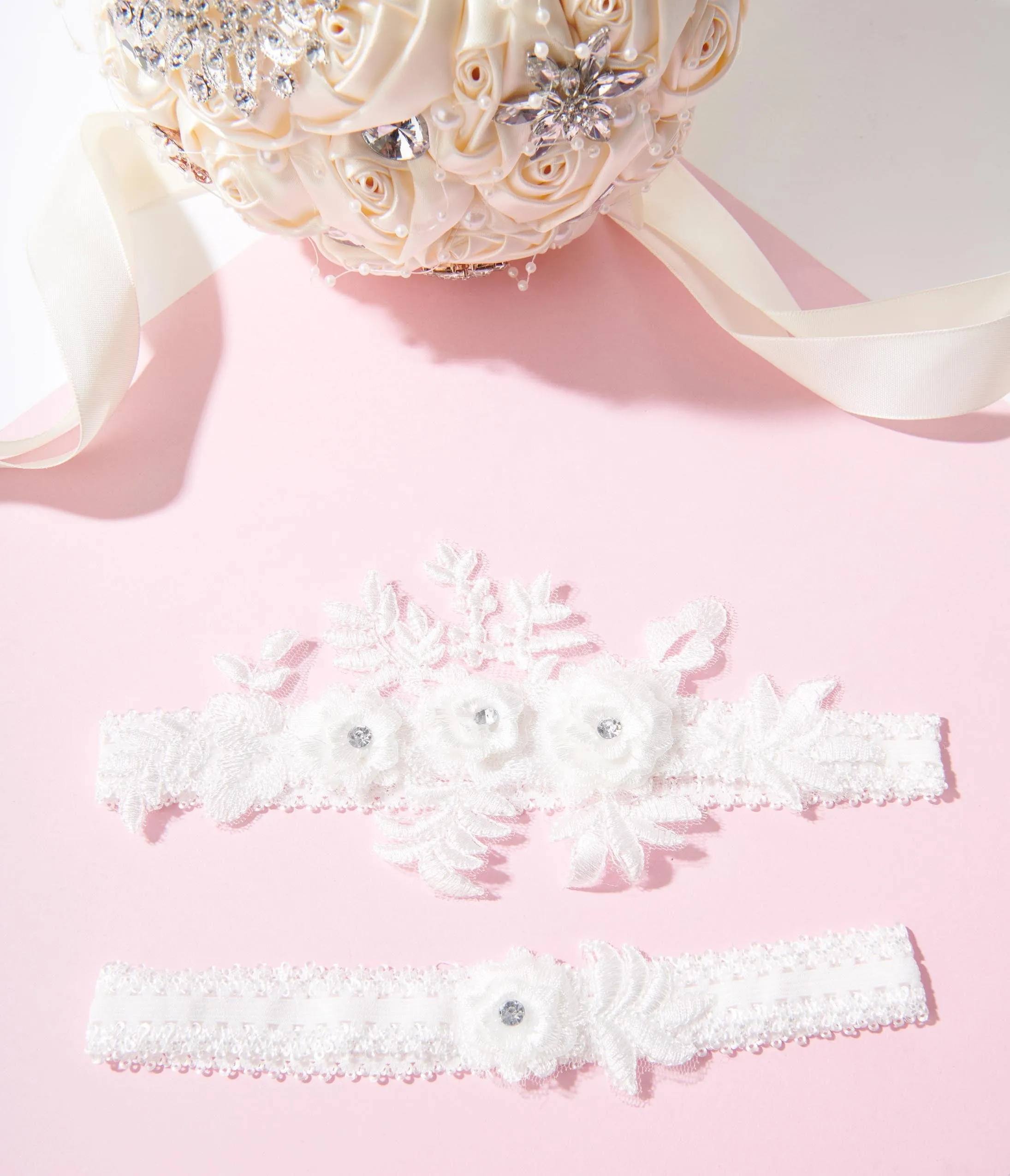 White Rhinestone Floral Garter Set