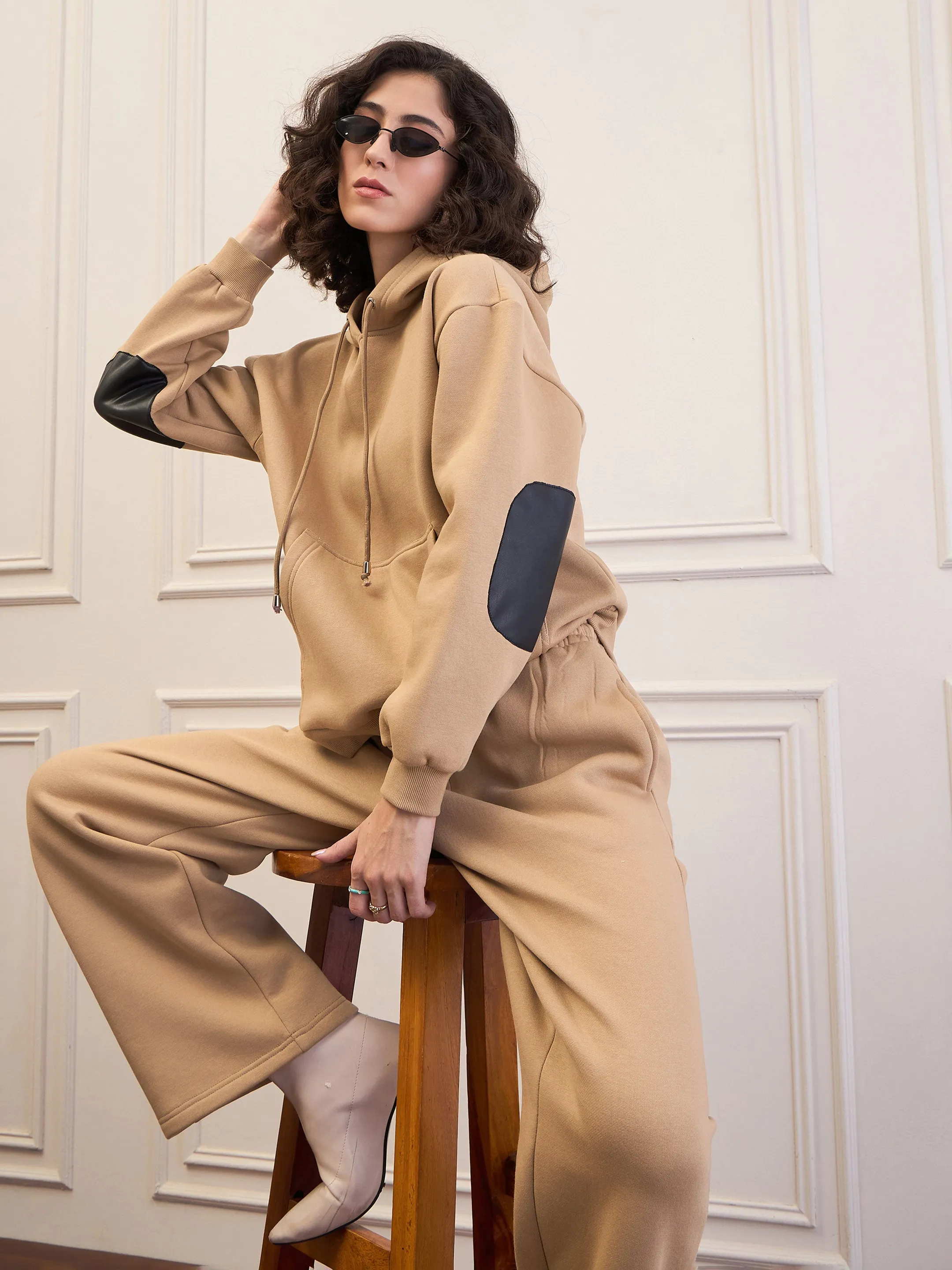 Women Beige Fleece Oversized Hoodie