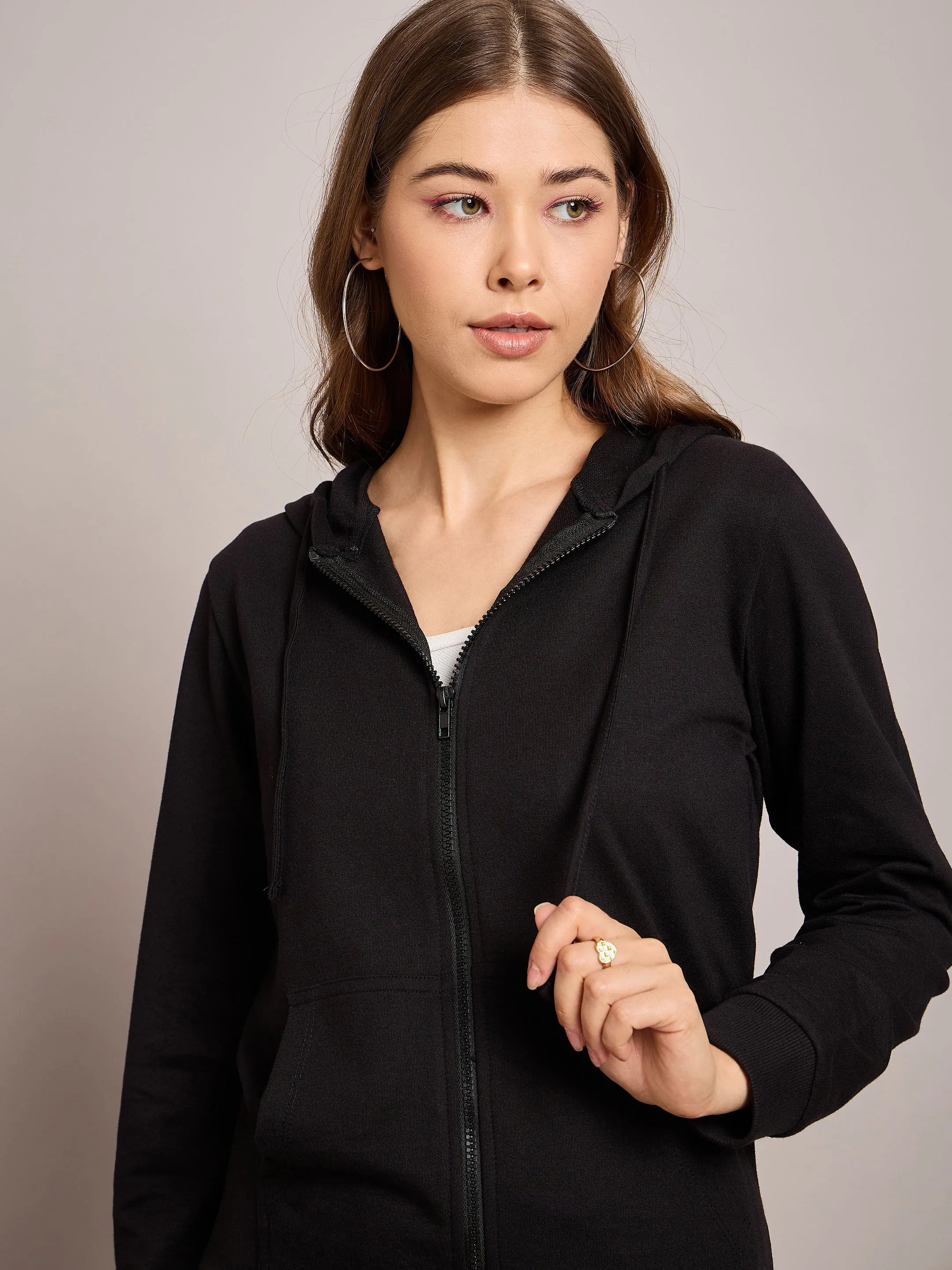 Women Black Terry Hoodie Jacket With Track Pants