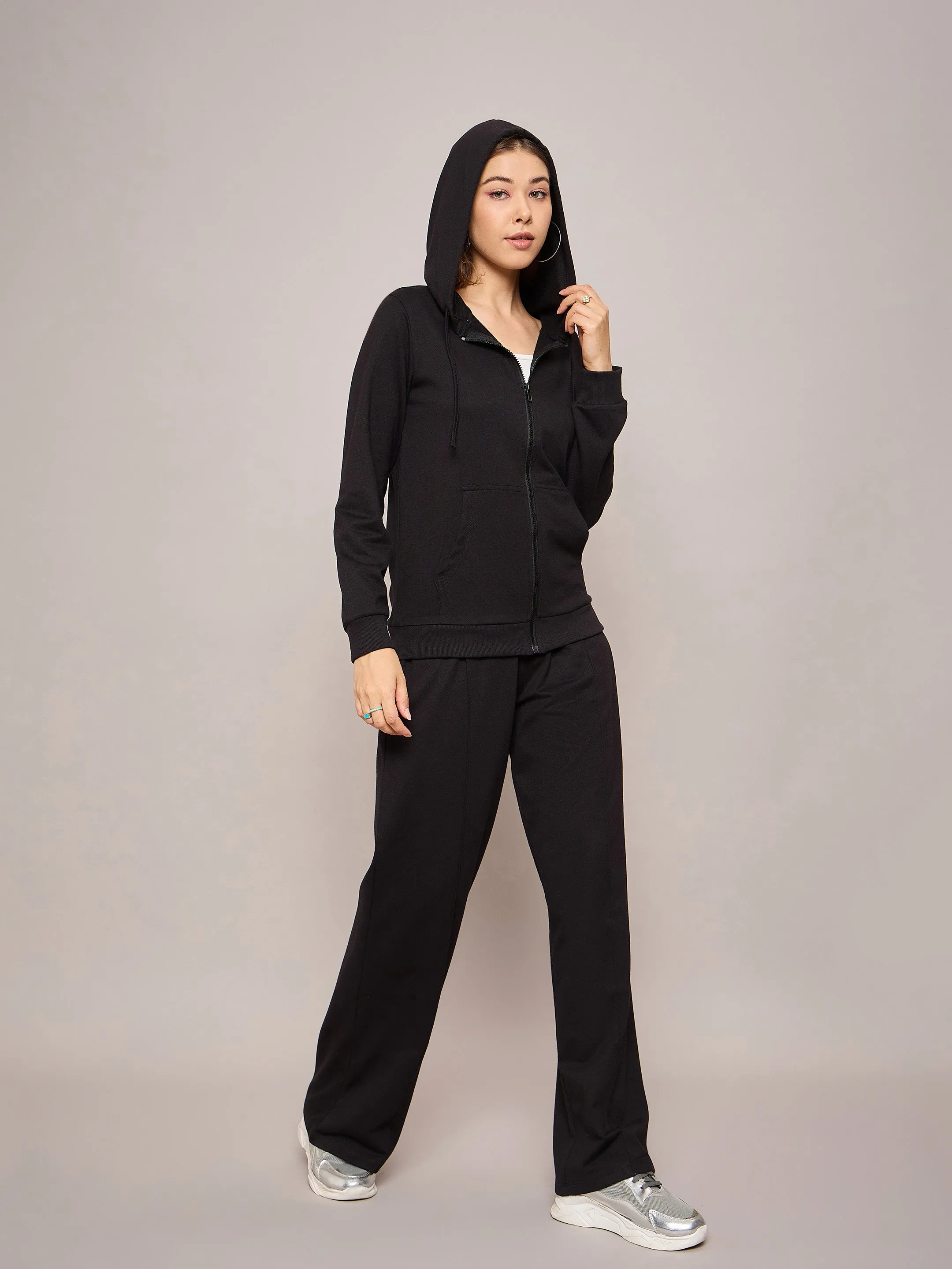 Women Black Terry Hoodie Jacket With Track Pants