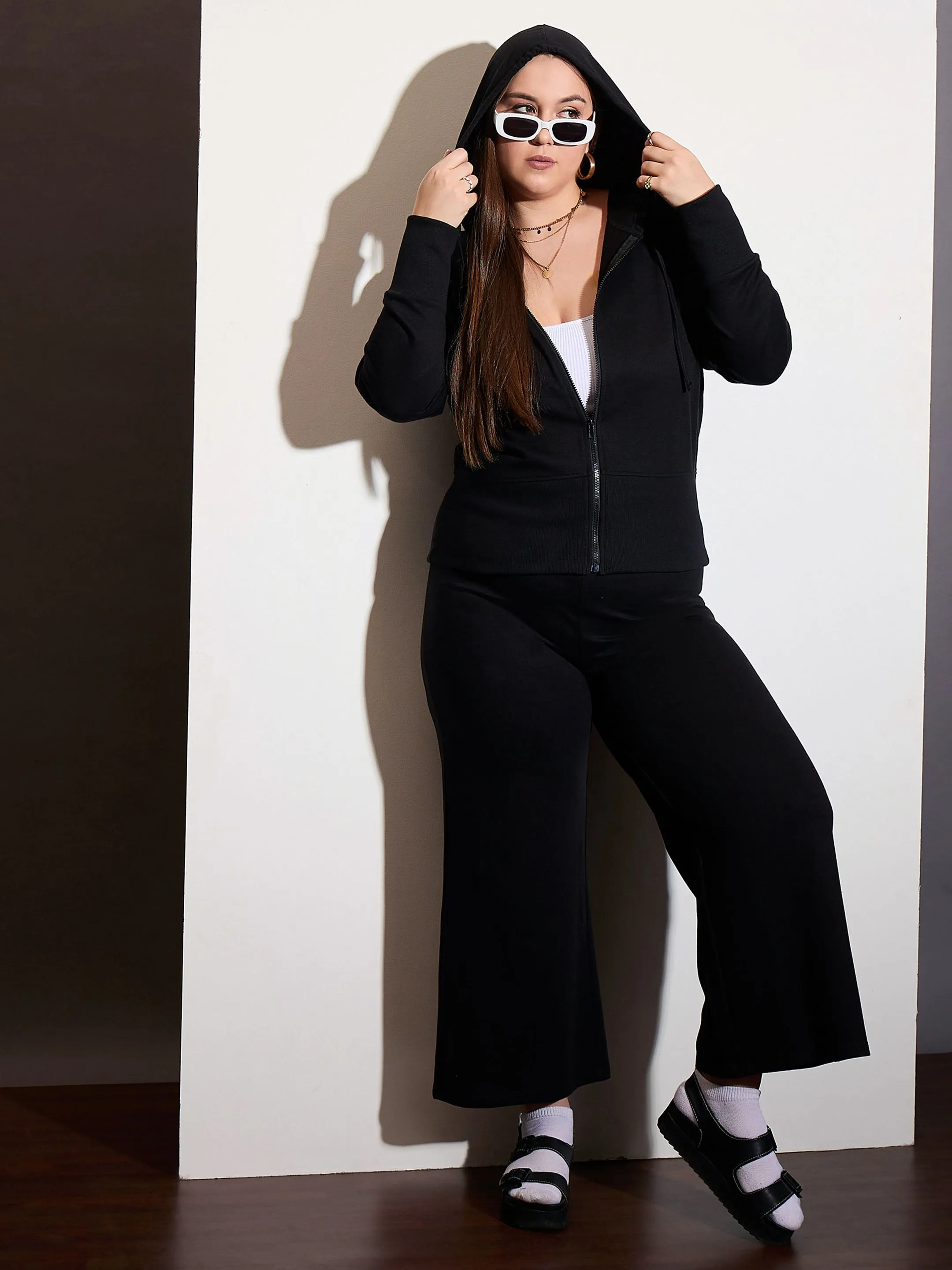 Women Black Terry Zipper Hoodie Jacket with Track Pants