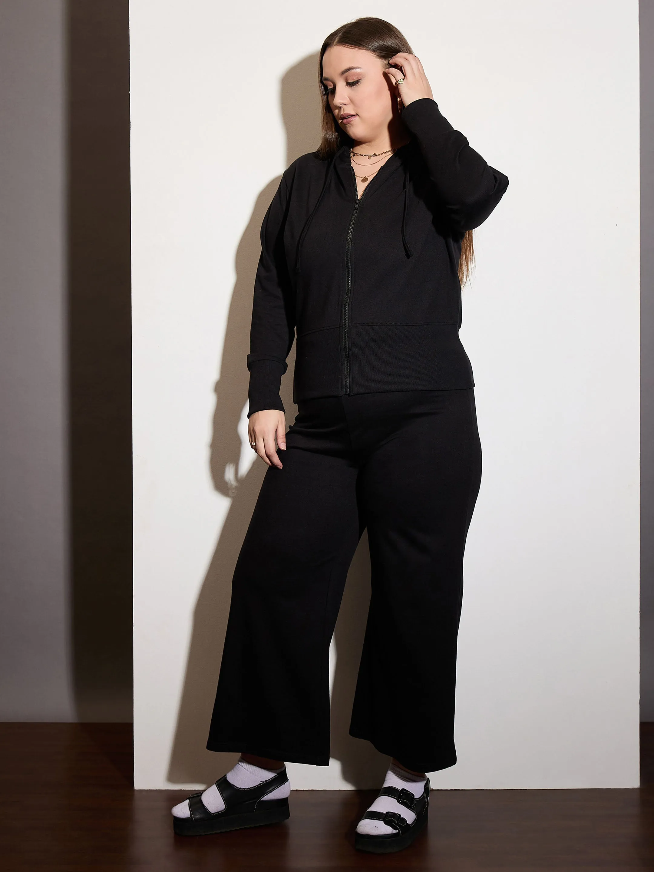 Women Black Terry Zipper Hoodie Jacket with Track Pants