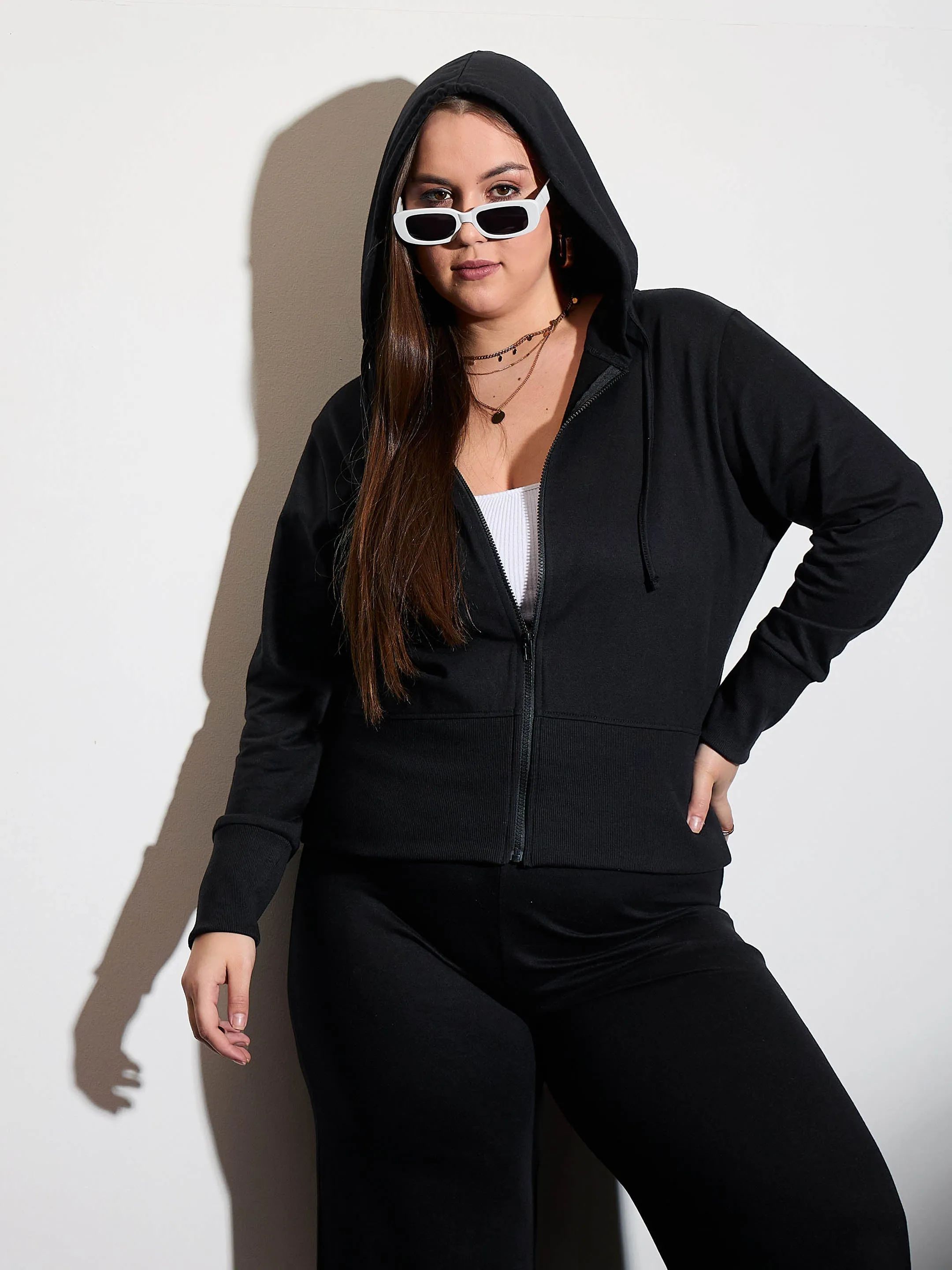 Women Black Terry Zipper Hoodie Jacket