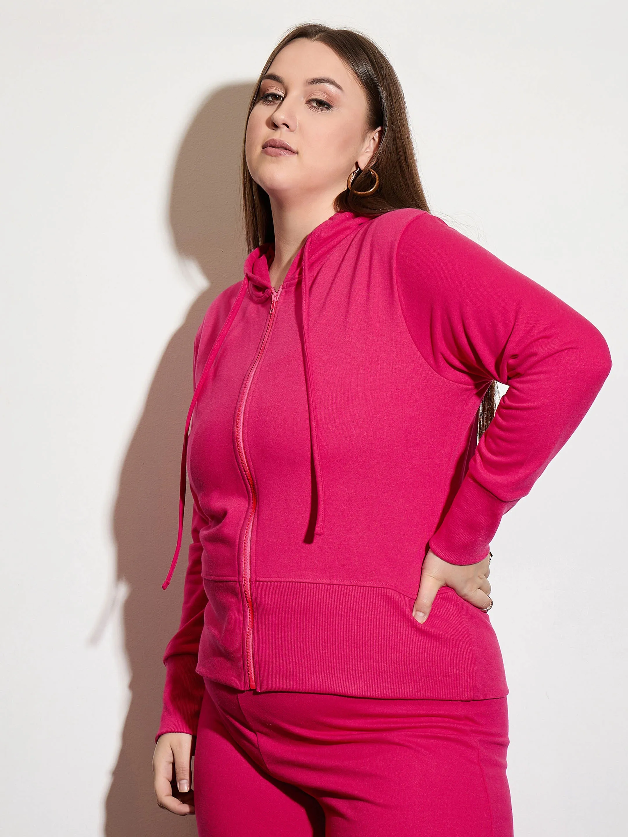 Women Fuchsia Terry Zipper Hoodie Jacket