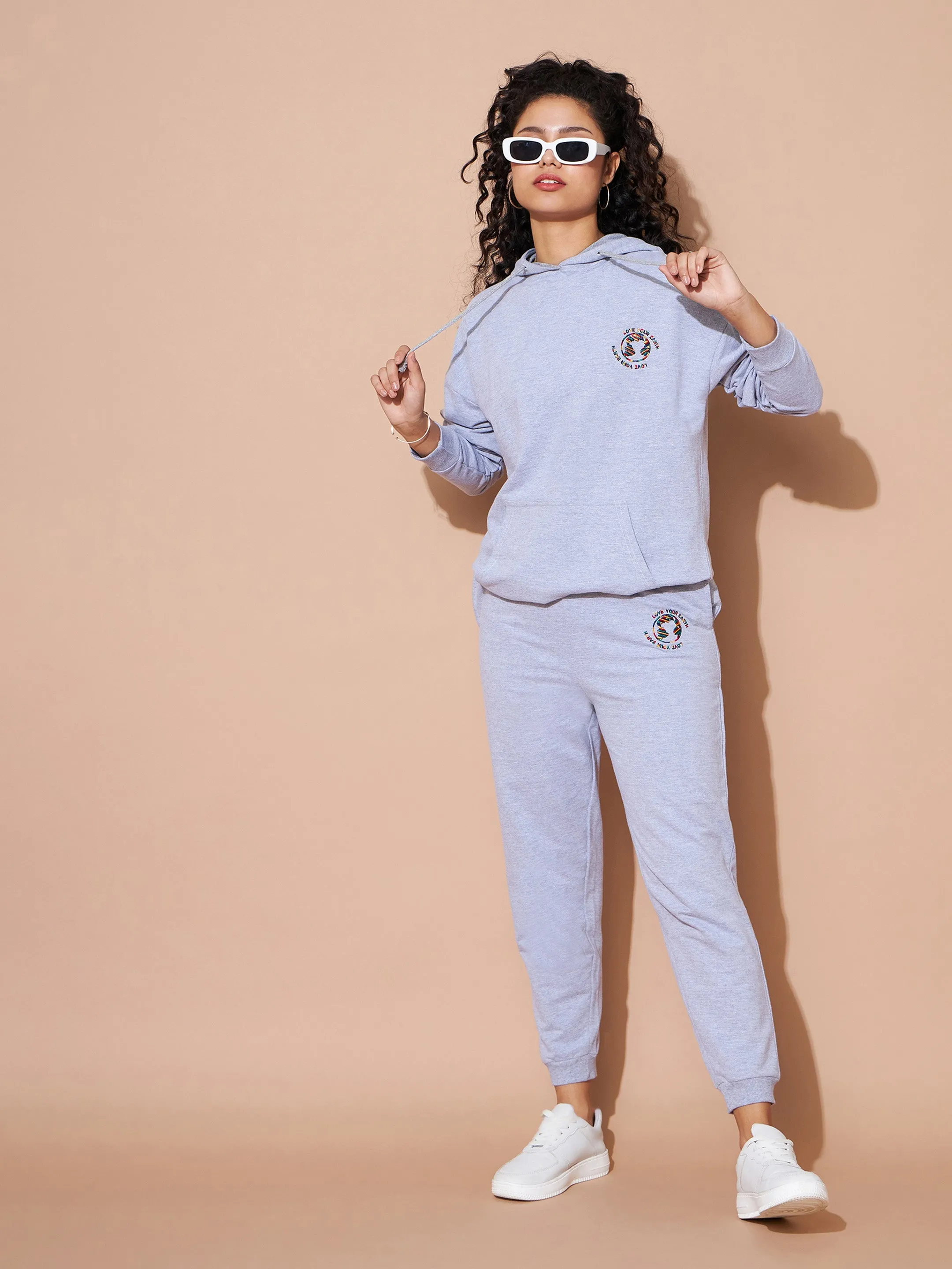 Women Grey Embroidered Oversized Hoodie With Track Pants