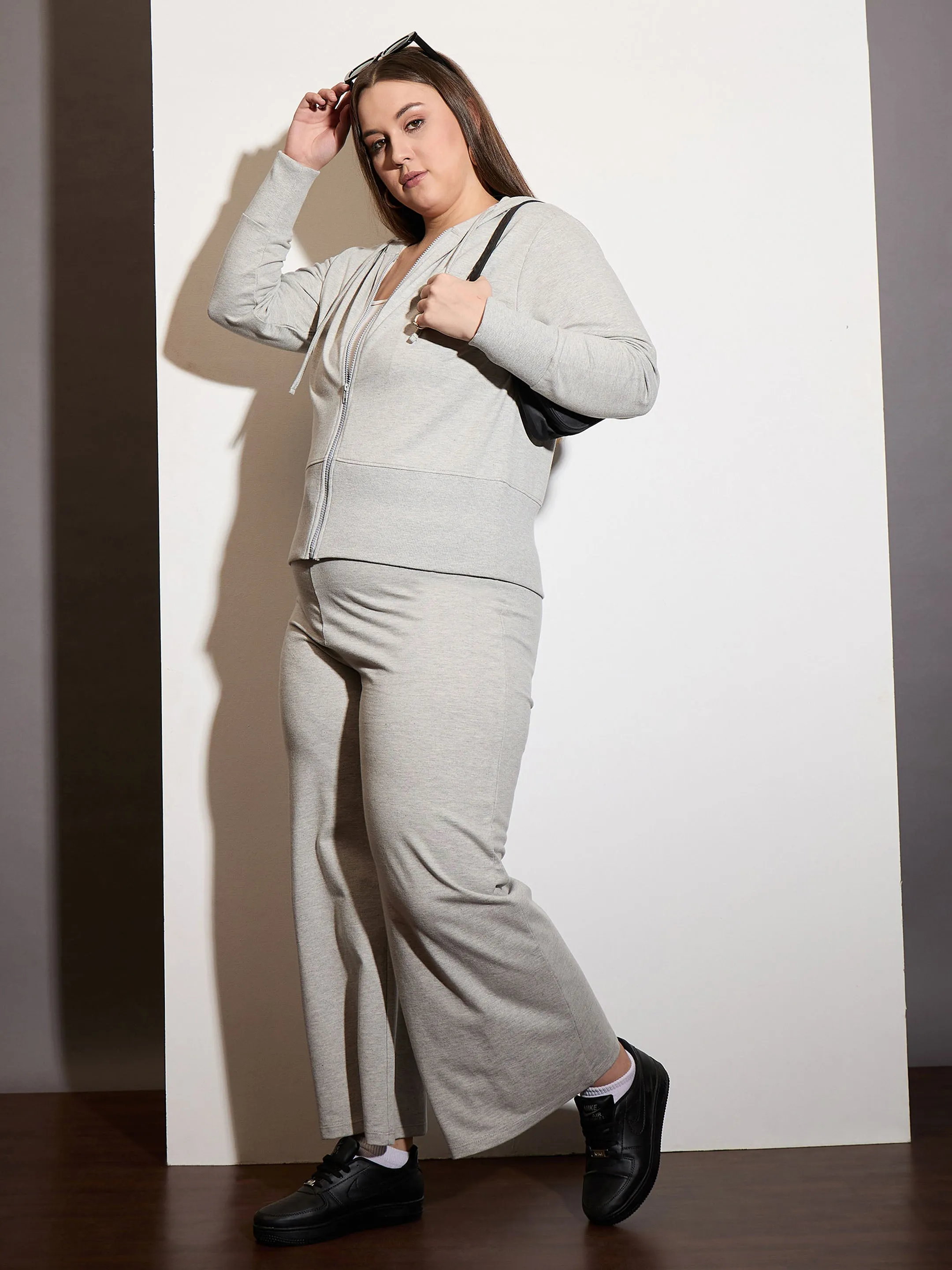 Women Grey Melange Terry Zipper Hoodie Jacket with Track Pants