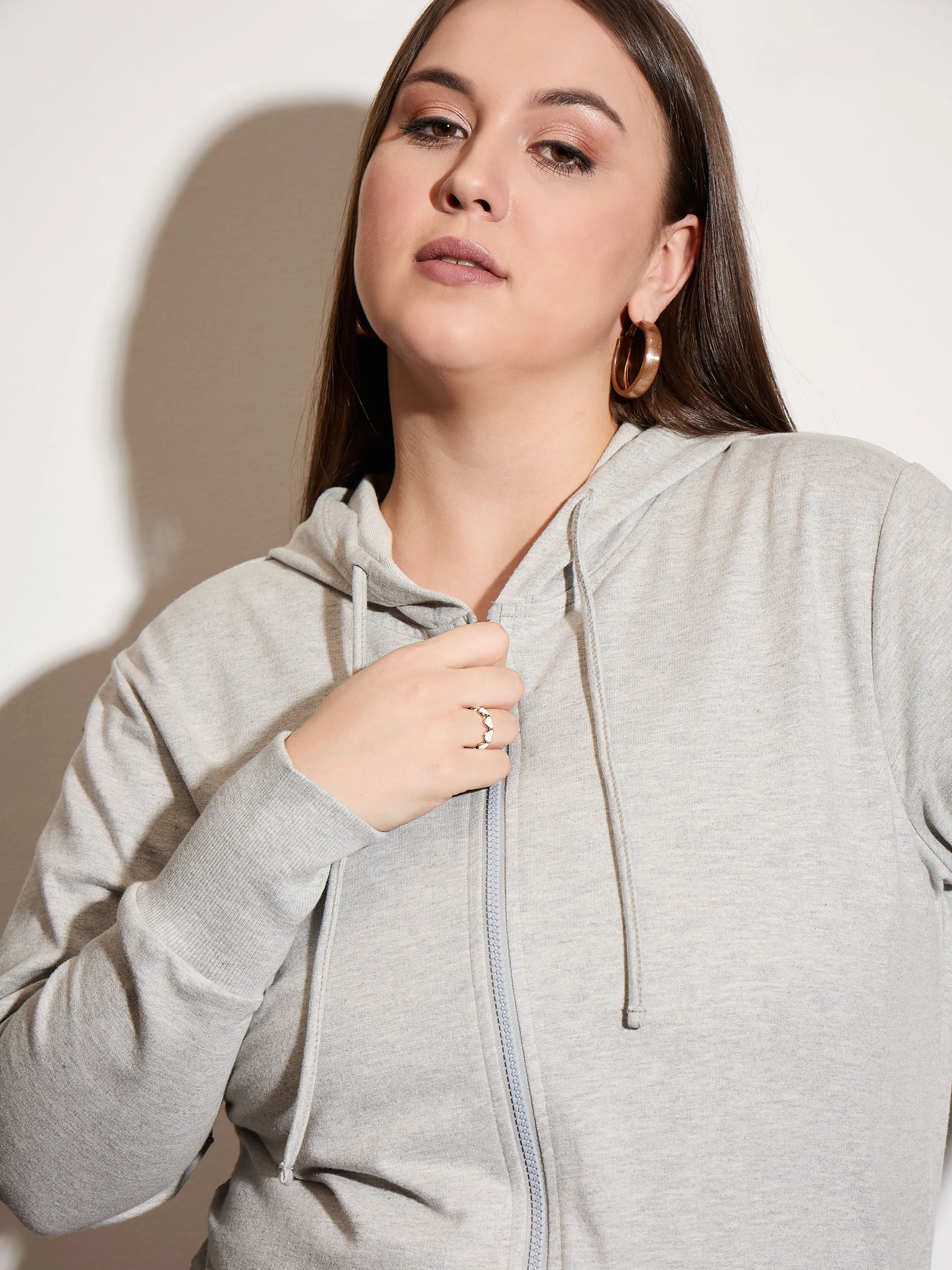 Women Grey Melange Terry Zipper Hoodie Jacket with Track Pants