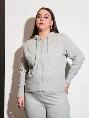 Women Grey Melange Terry Zipper Hoodie Jacket