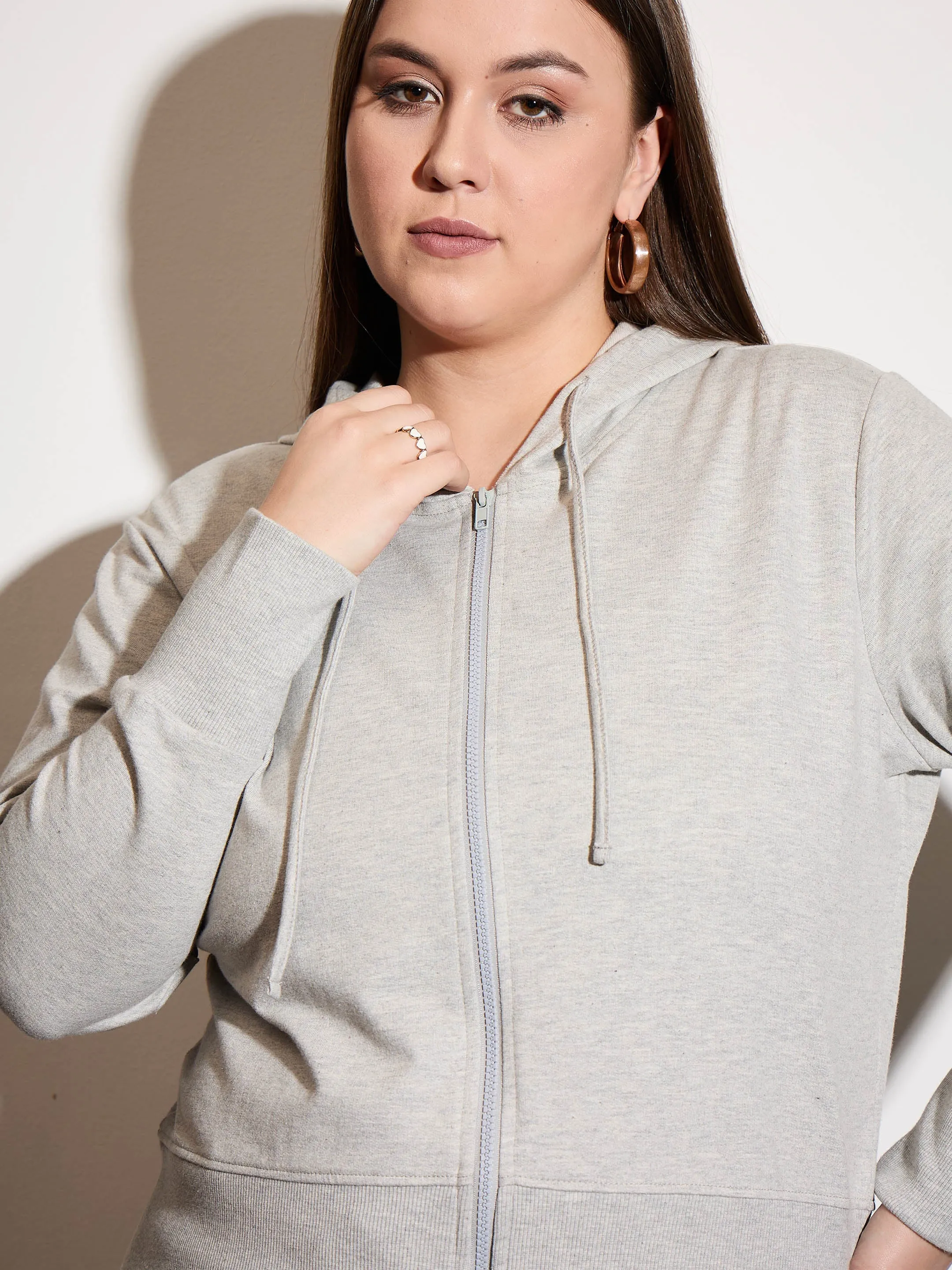 Women Grey Melange Terry Zipper Hoodie Jacket