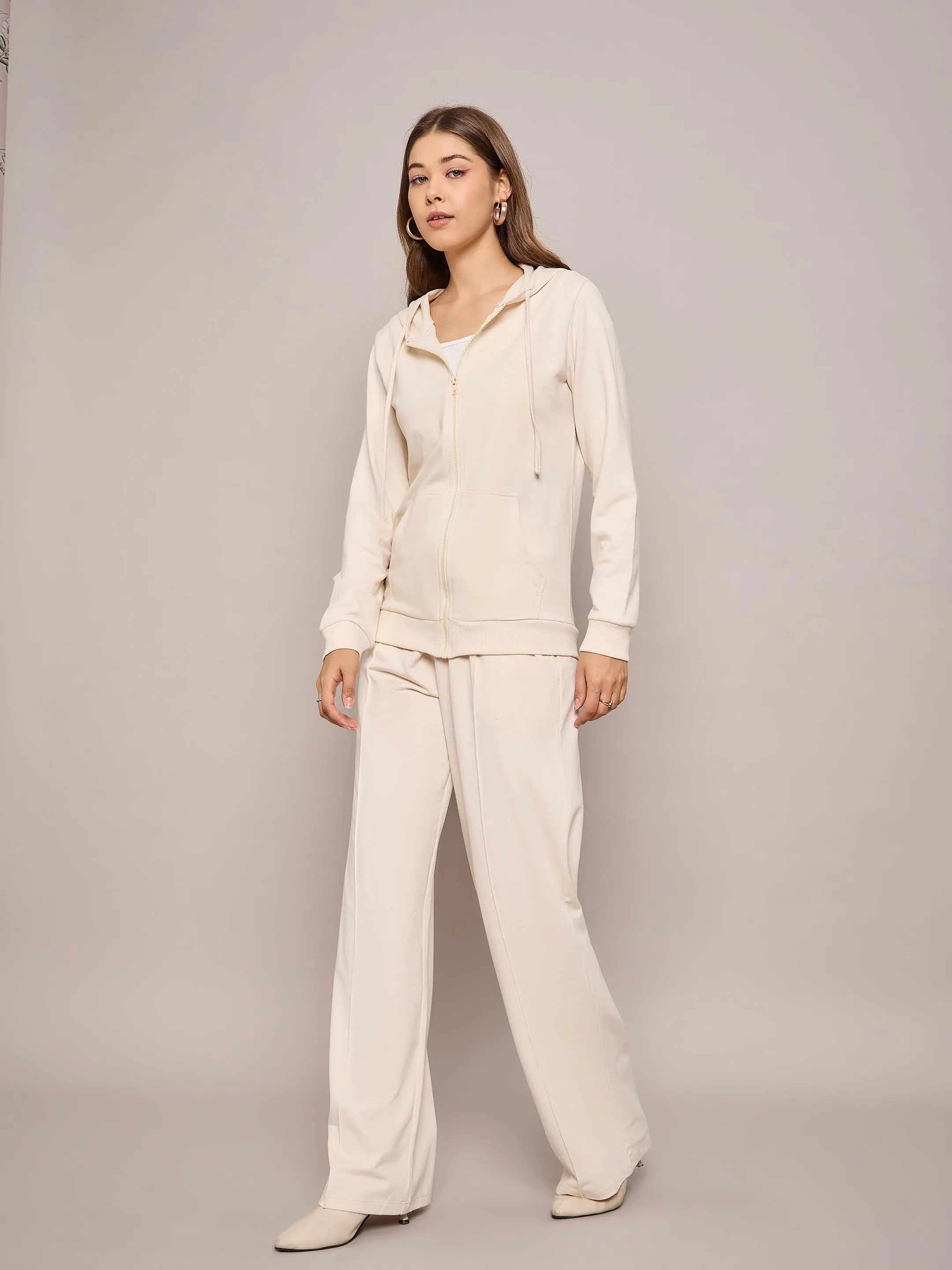 Women Off White Terry Hoodie Jacket With Track Pants